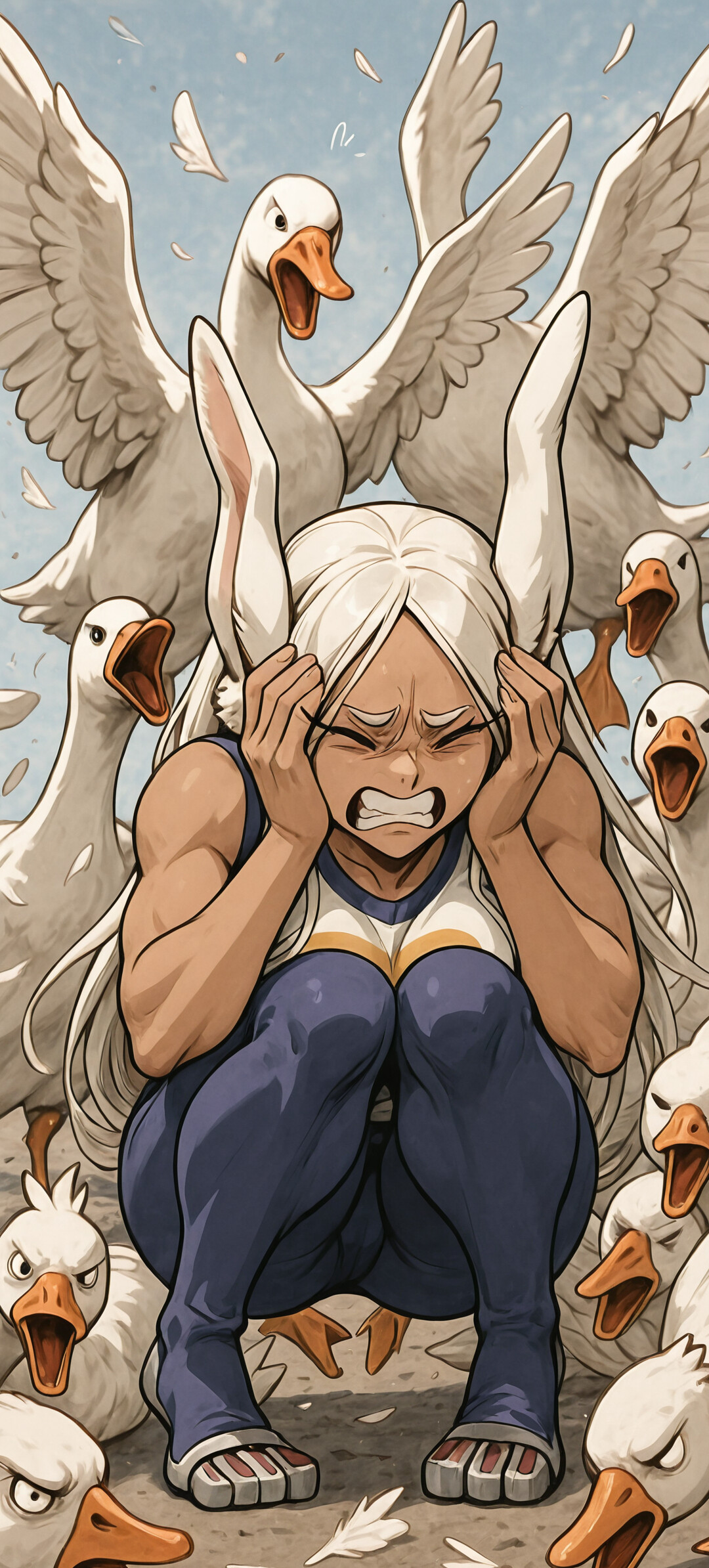 An anime-style illustration of the character Mirko from My Hero Academia, a muscular woman with long white hair and rabbit ears, cowering on the ground. She is surrounded by a flock of aggressive, honking white geese and covers her ears with a distressed expression.