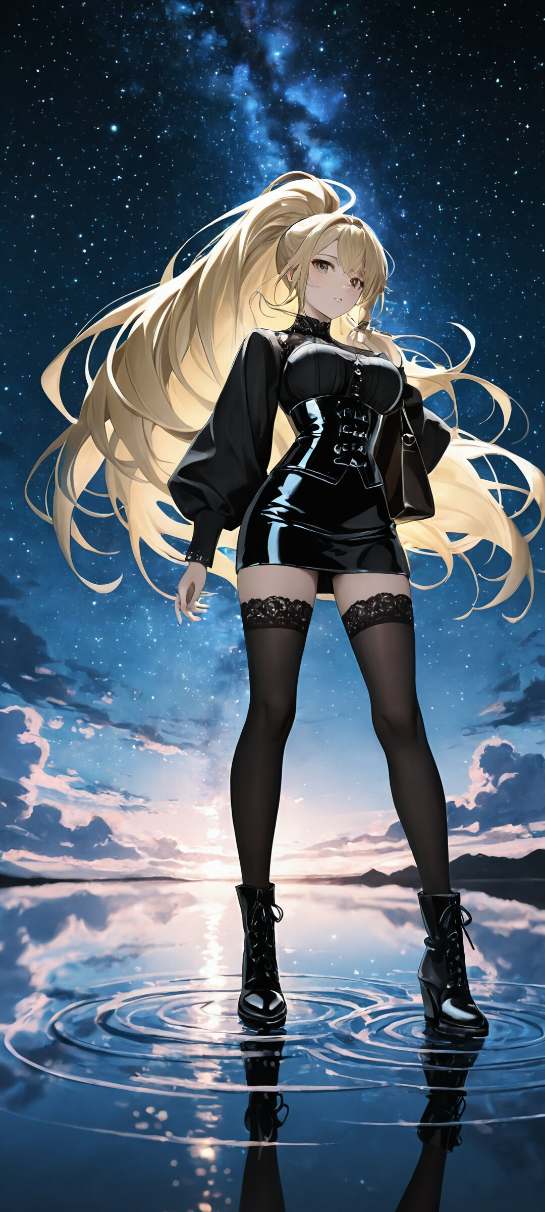 Misa Amane from Death Note, a young woman with long blonde hair in a ponytail, stands in shallow water under a vibrant starry night sky. She is wearing a black gothic-style outfit, and the galaxy above is perfectly reflected in the water at her feet.