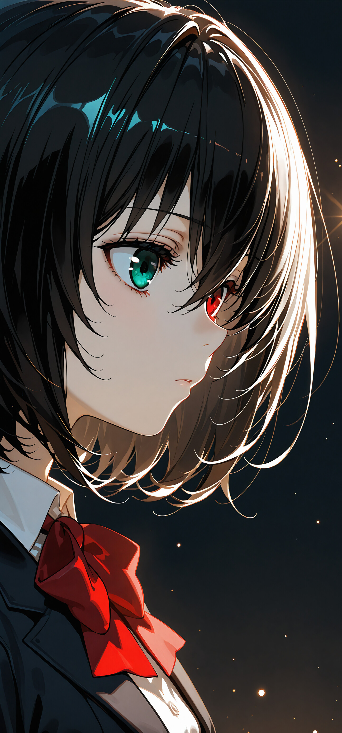 A close-up illustration of Misaki Mei from the anime 'Another', shown in profile. She has short black hair, one red eye and one green eye, and is wearing a school uniform with a large red bow. The background is dark and features soft, glowing lights.