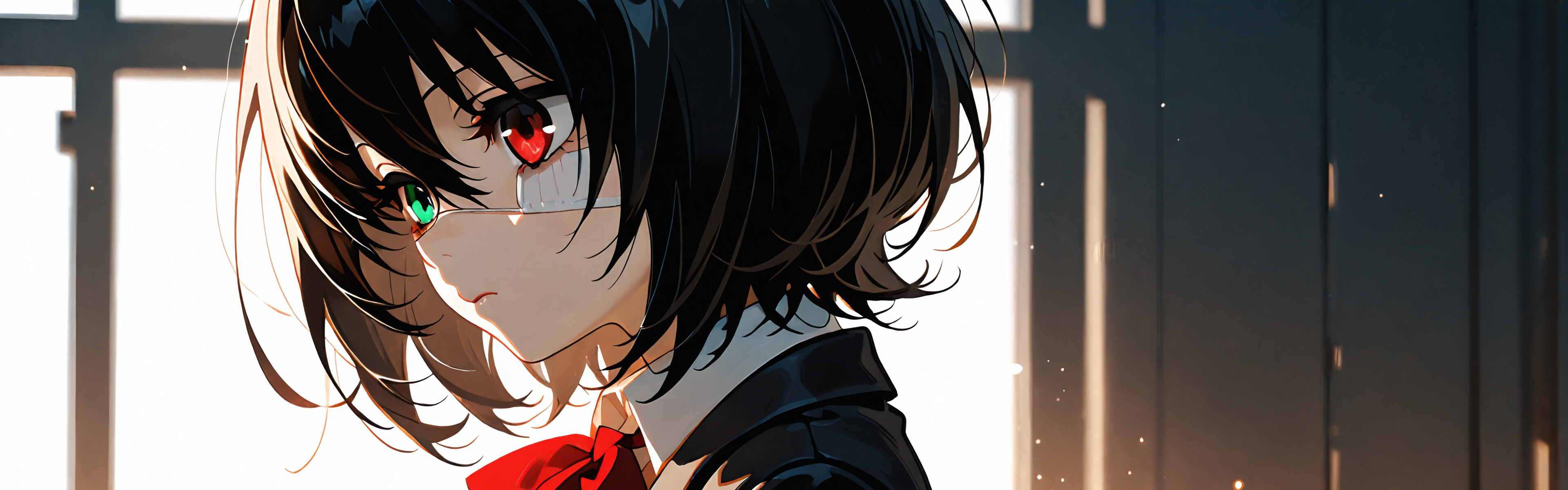 A close-up illustration of Misaki Mei from the anime 'Another', shown in profile. She has short black hair, one red eye and one green eye, and is wearing a school uniform with a large red bow. The background is dark and features soft, glowing lights.