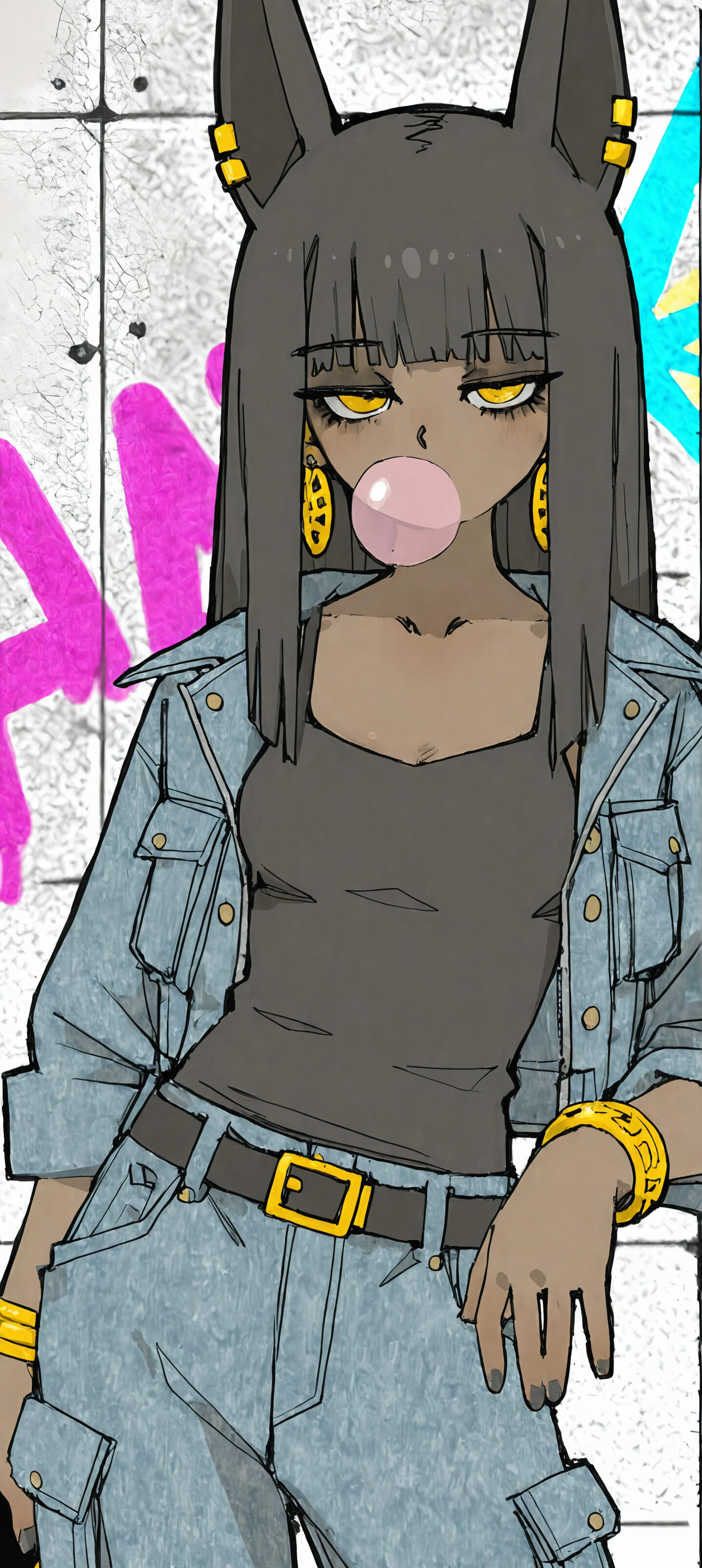 An anime-style illustration of a modern Anubis girl with black jackal ears, dark skin, and yellow eyes, blowing a pink bubblegum bubble. She is wearing a blue denim jacket and jeans and standing in front of a graffiti wall.