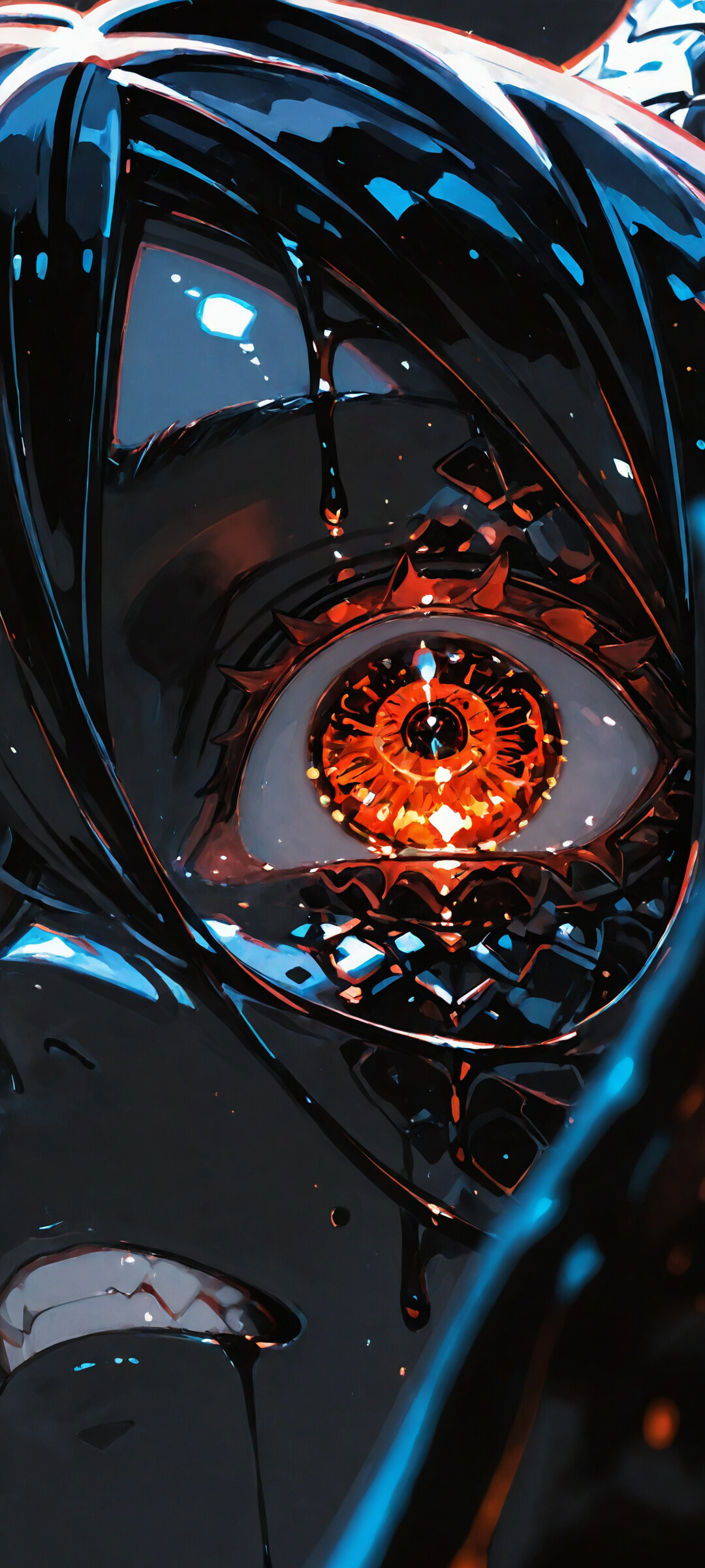 A close-up digital art piece of a female demon with glossy black skin and hair. She has glowing orange eyes that look like embers and black, curled horns. Molten lava drips down her head, and she is raising one hand in front of her face.