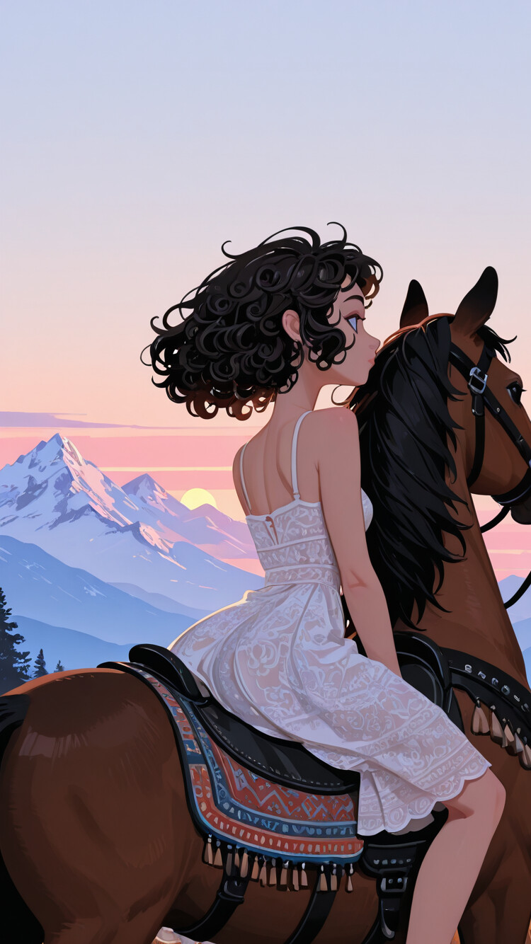 A Mongolian girl in a colorful dress riding a horse in a mountainous landscape, her dress fluttering in the wind.