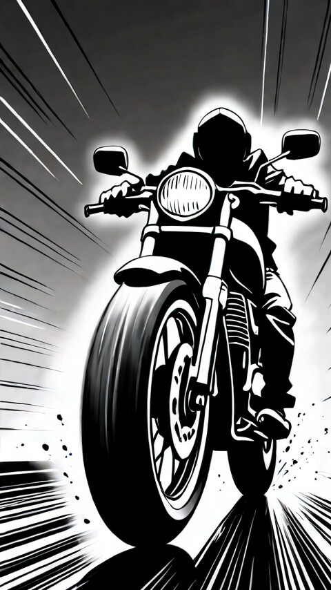 A dynamic, low-angle, black and white illustration of a modern motorcycle moving at high speed, with motion blur and radial speed lines creating a sense of intense velocity.