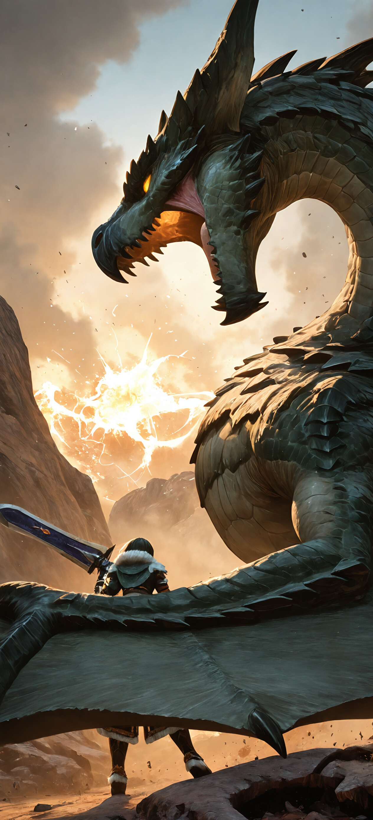 A female hunter in green and white fur-trimmed armor from Monster Hunter stands ready with a giant purple sword, facing a huge, roaring dark green wyvern in a rocky, sunlit environment.