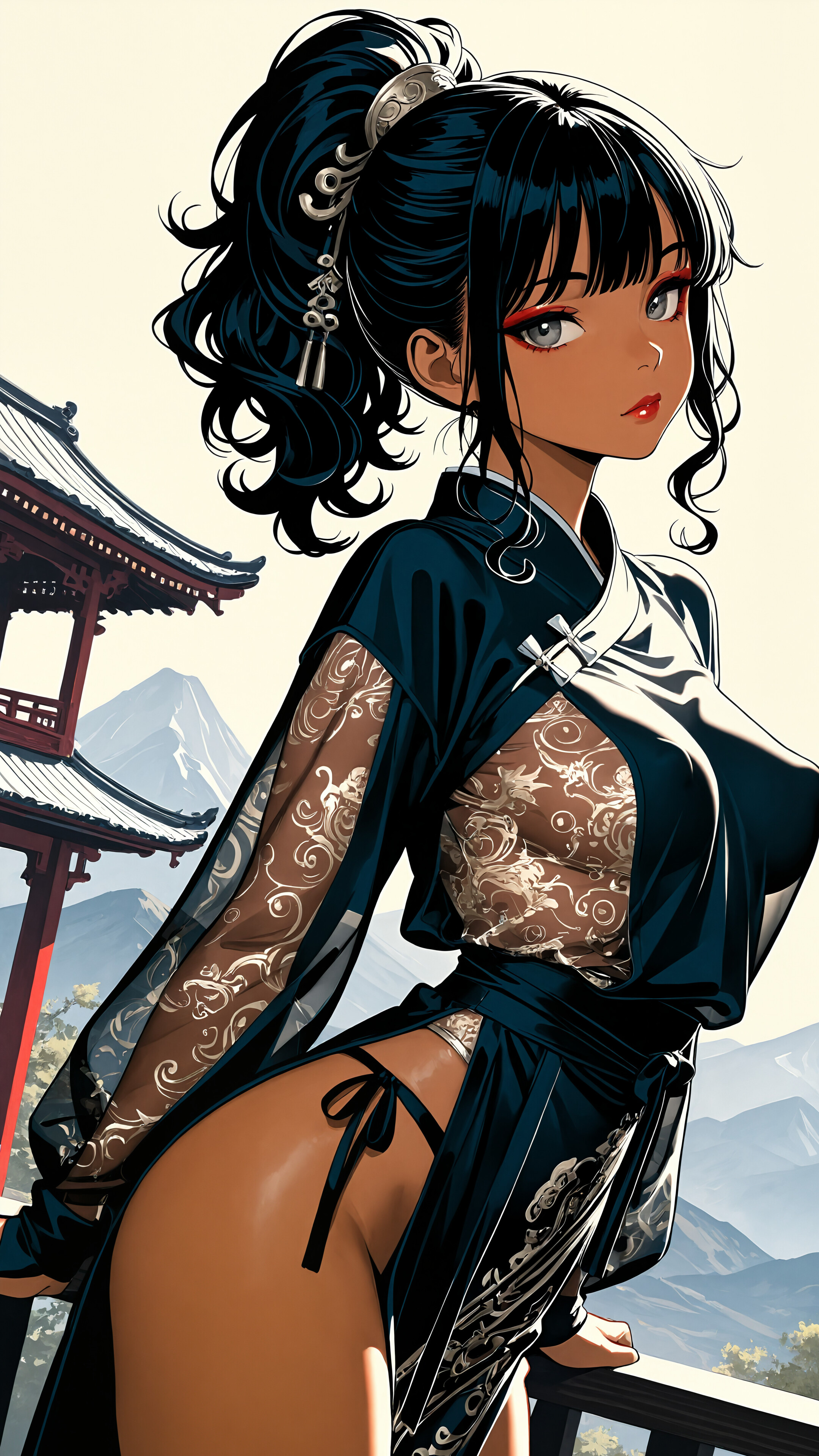 A digital illustration of a dark-skinned anime girl with black hair in a ponytail, wearing a see-through white and blue cheongsam, standing on a balcony overlooking a mountainous East Asian landscape at dawn.
