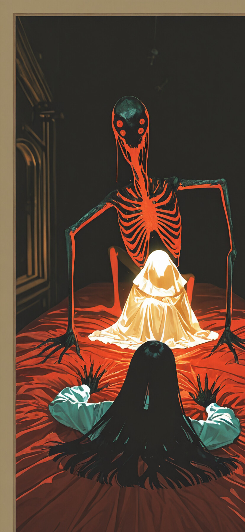 A digital painting of the character Morta from the 'Vermis' series, a woman with long black hair in a white dress, kneeling on a red bed in a dark, brick-walled room. She is gently touching the back of a monstrous, skinless red creature crouched before her.