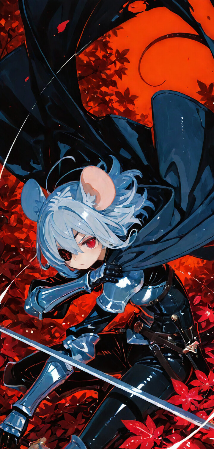 An anime-style mouse girl with gray hair, red eyes, and a floral eyepatch, dressed as a knight in black armor with a flowing cape, crouches in an action pose in front of a large circular window framed by autumn leaves.