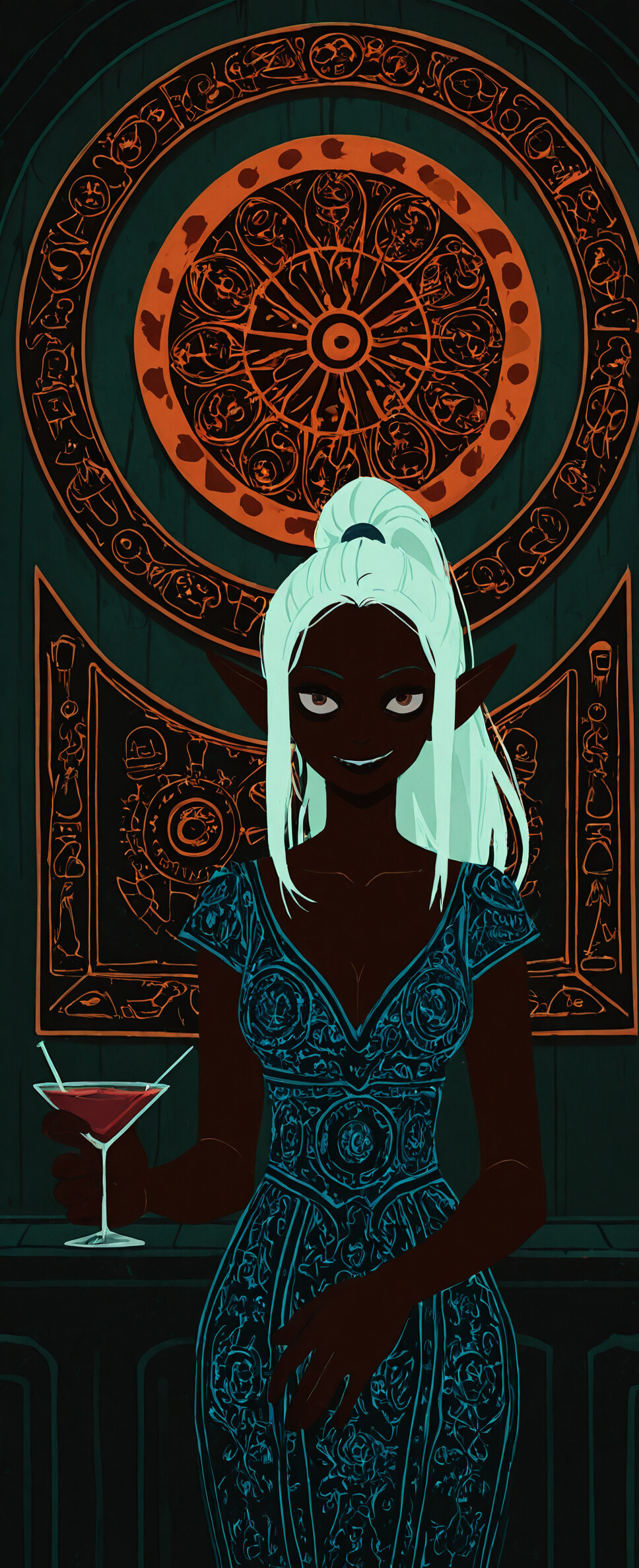 An illustration of a dark-skinned elf woman with white hair in a ponytail, smirking in a dark hallway. She wears a black dress with gold occult patterns. The walls are decorated with glowing arcane symbols.