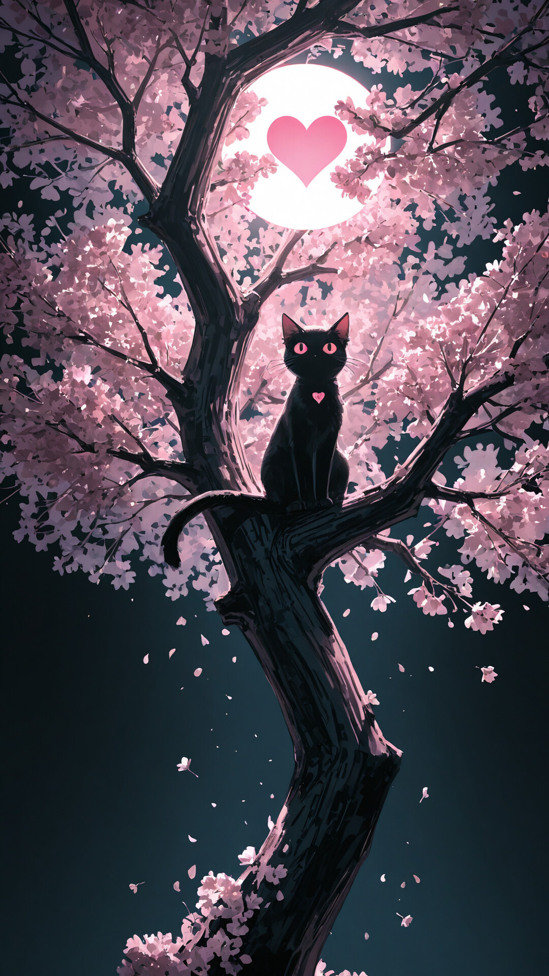 A black cat with large pink eyes and a glowing pink heart on its chest sits on a cherry blossom tree branch under a full white moon.