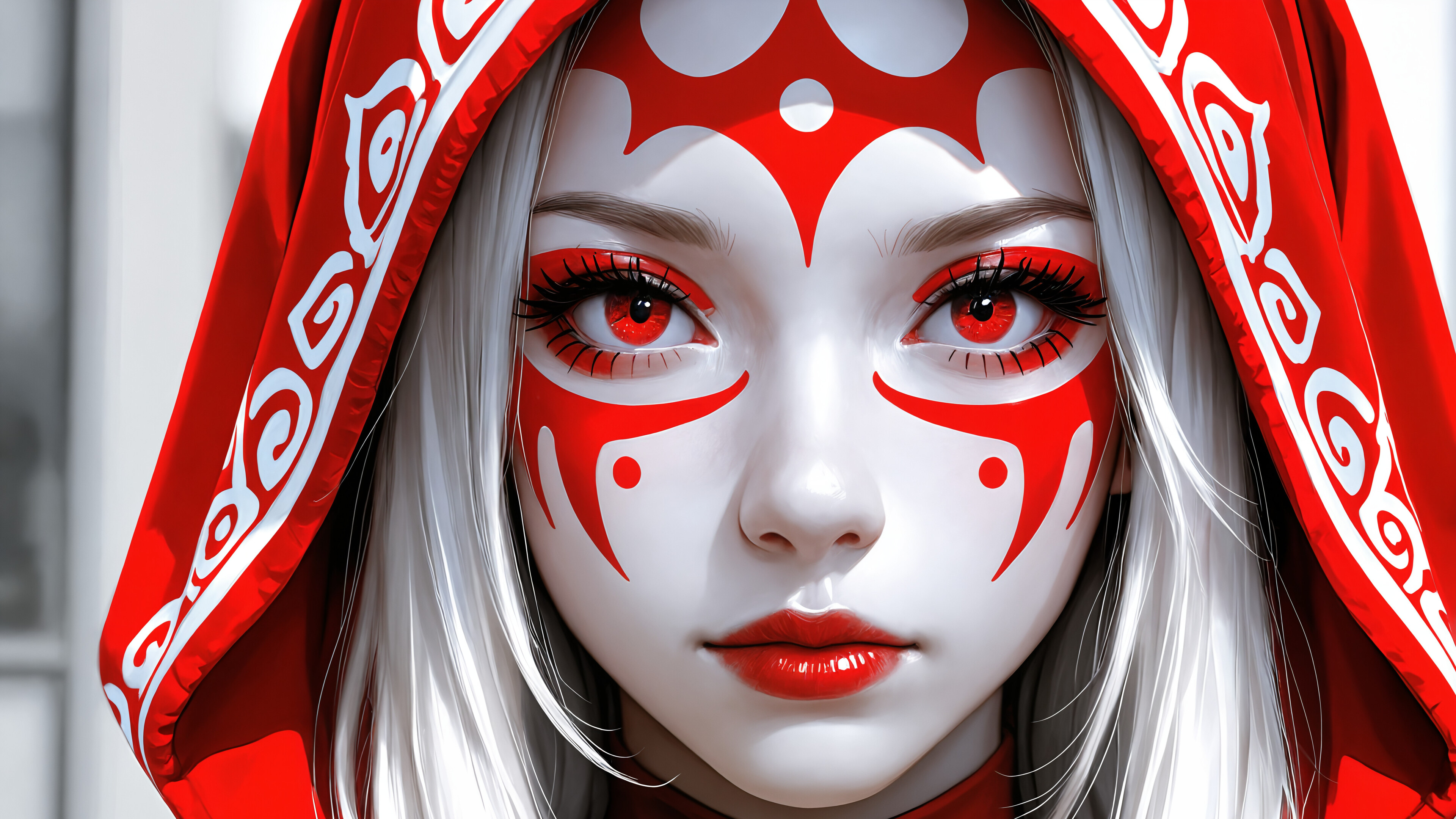 A close-up portrait of a beautiful woman with pale skin, dark hair, and vibrant red eyes. She wears a red and white patterned hood and has bold red paint markings on her forehead and cheeks.