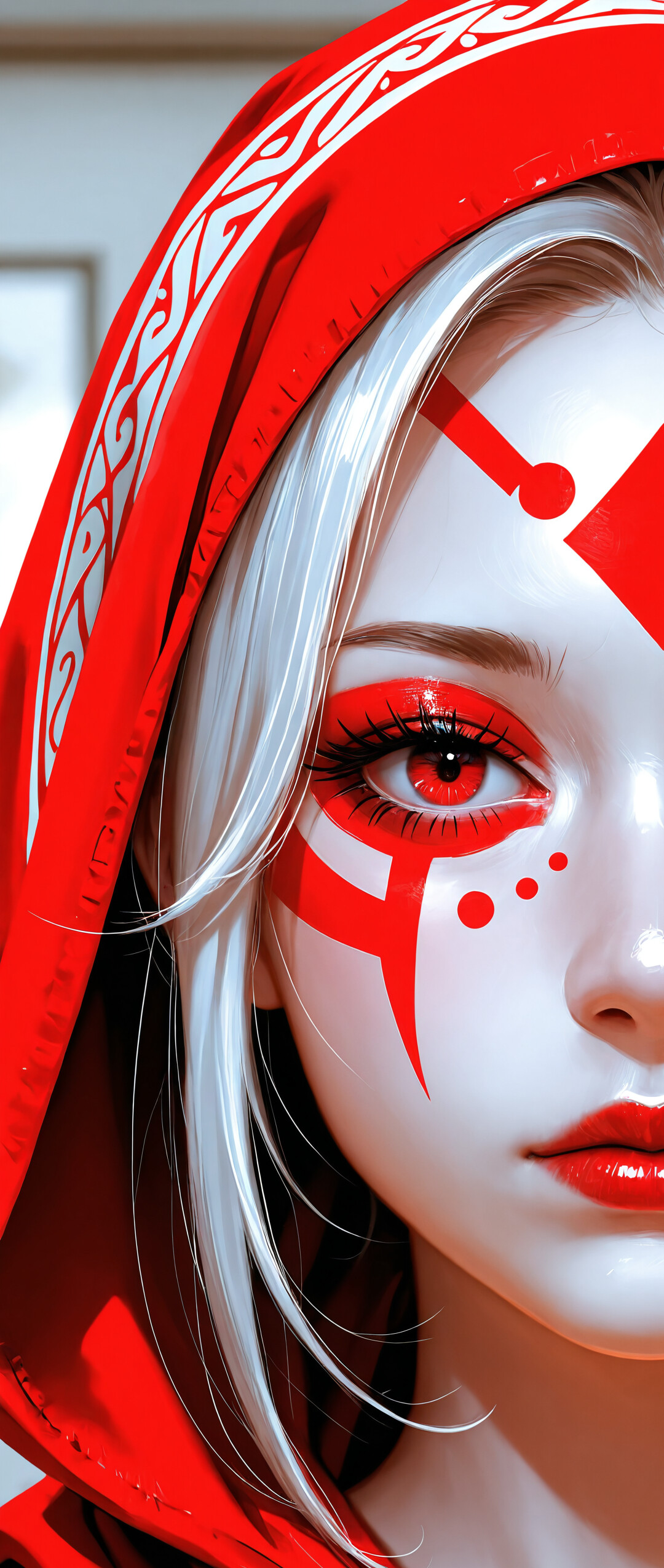 A close-up portrait of a beautiful woman with pale skin, dark hair, and vibrant red eyes. She wears a red and white patterned hood and has bold red paint markings on her forehead and cheeks.