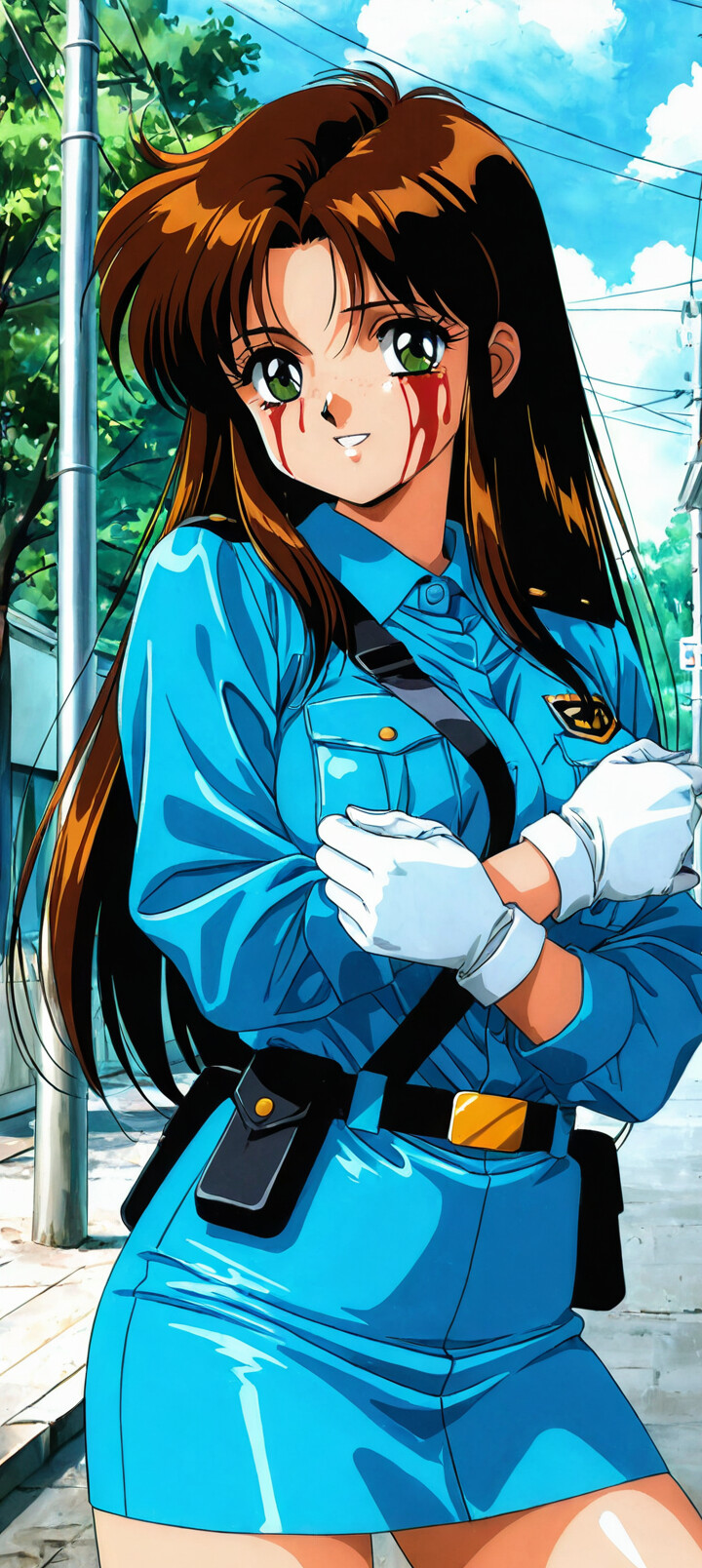 A 90s anime style illustration of Natsumi Tsujimoto from You're Under Arrest, a police officer with brown hair and green eyes, smiling cheerfully with blood on her face and holding a bloody object on a city street.