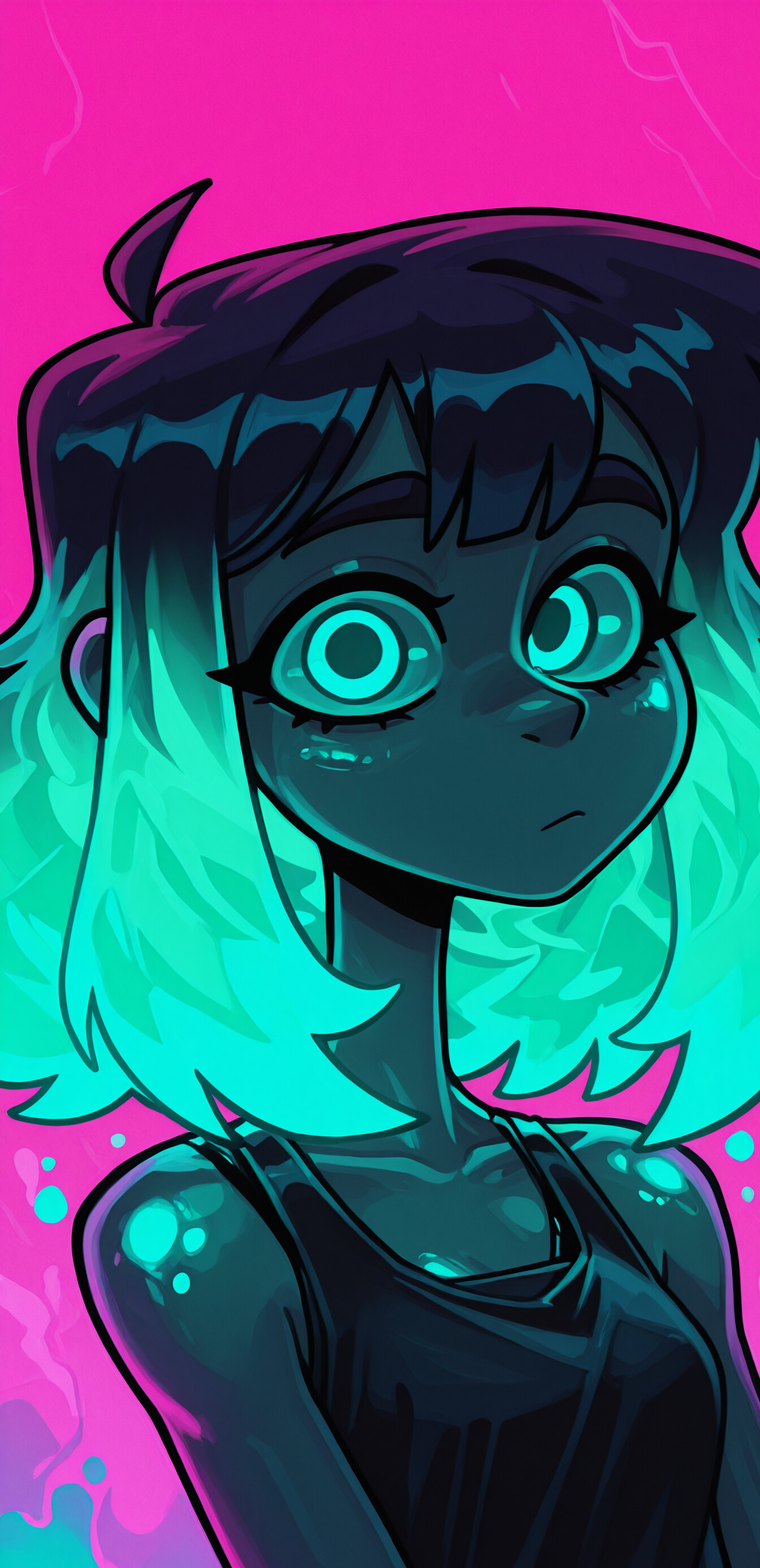 A stylized portrait of a girl with neon blue hair and glowing eyes, set against a vibrant pink background.