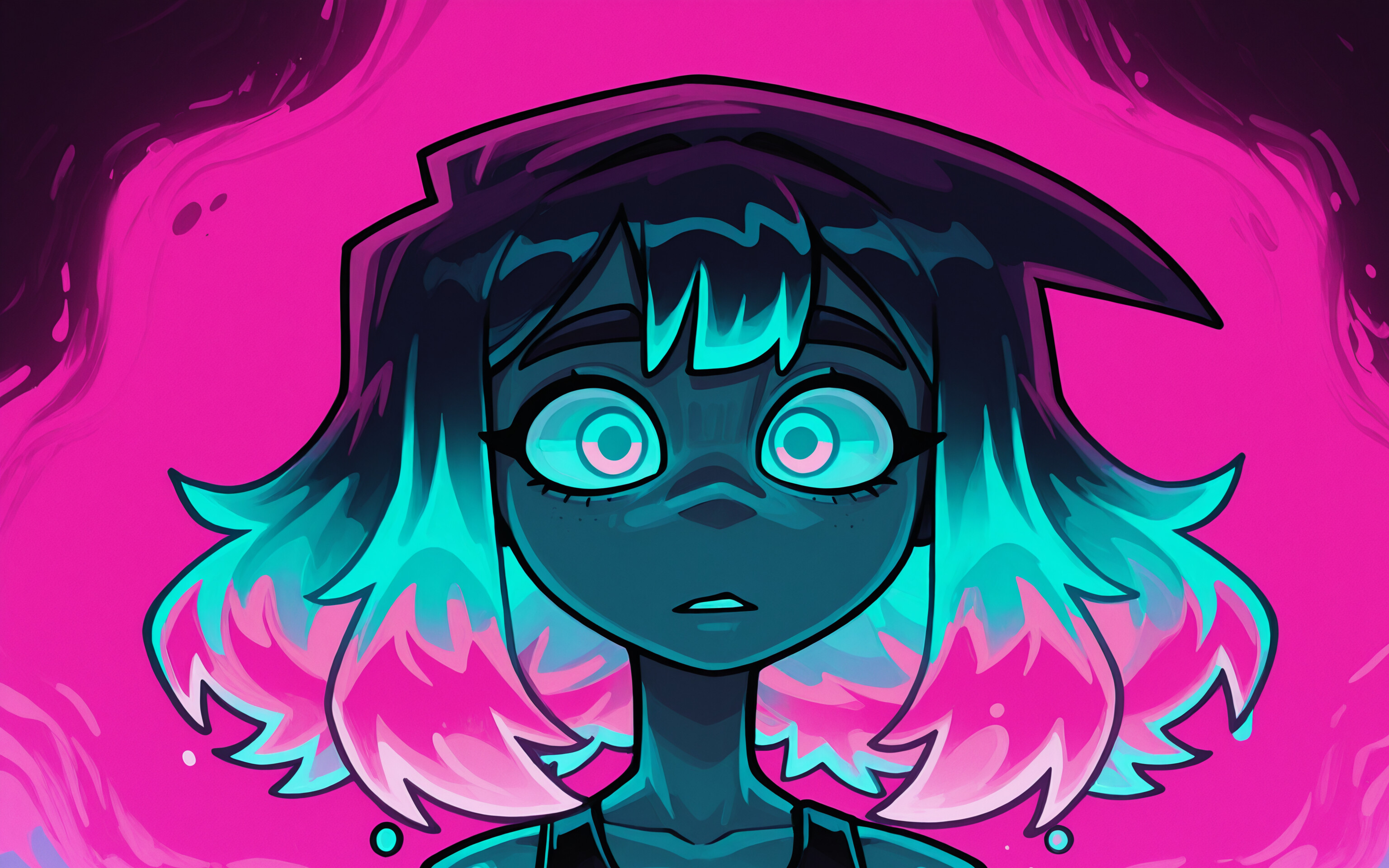 A stylized portrait of a girl with neon blue hair and glowing eyes, set against a vibrant pink background.