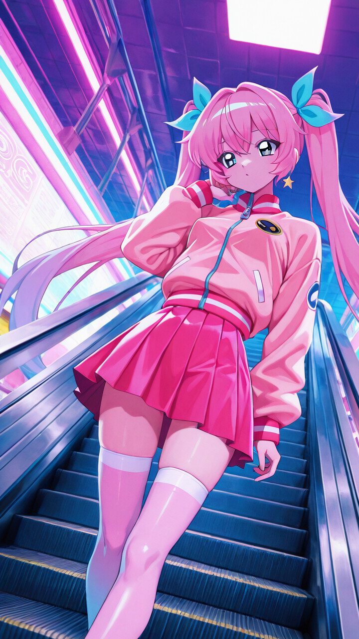 An anime girl with pink and blue twin tails, wearing a pink bomber jacket and pleated skirt, stands on a blue and pink neon-lit escalator looking towards the camera.