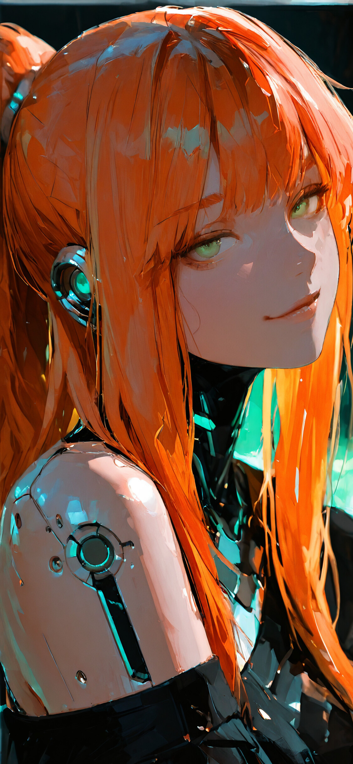 A close-up illustration of a beautiful cyborg woman with long, bright orange hair in a ponytail and glowing green eyes. She has visible cybernetics on her ear and shoulder, set against a dark, neon-lit city background.