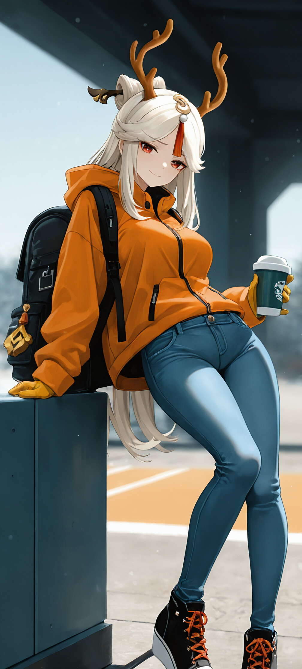 An anime-style character, Ningguang from Genshin Impact, with long white hair and deer antlers, wearing an orange jacket and blue jeans. She is leaning on a table at a snowy bus stop, smiling.