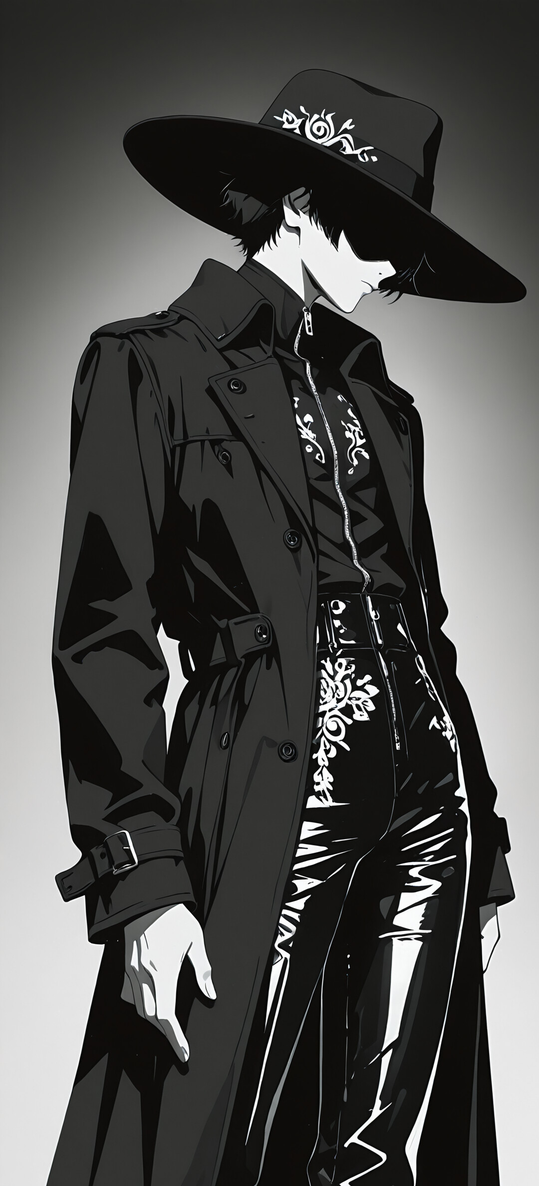 A stylish anime character in a monochrome illustration, wearing a wide-brimmed black hat that shadows their face, a long trench coat, an embroidered shirt, and shiny black leather pants.