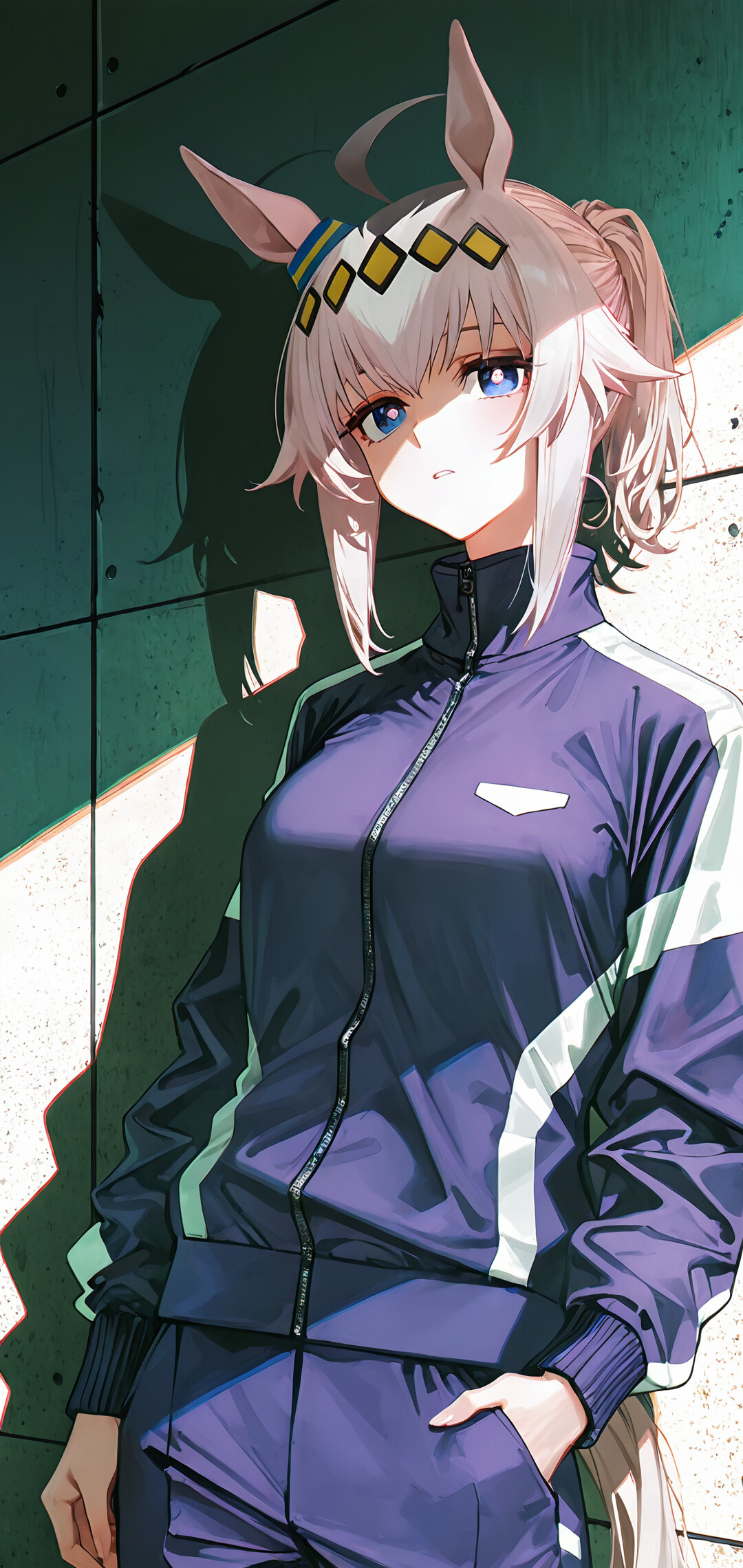 An anime illustration of Oguri Cap from Uma Musume, a girl with pink hair in a ponytail and horse ears, wearing a white and purple tracksuit while leaning against a sunlit wall.