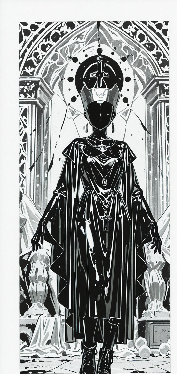 A full-body, black and white manga-style illustration of a figure with glossy black skin, wearing a tall metallic hat and a white tunic with a cross, holding a broken black sphere in a surreal graveyard setting.
