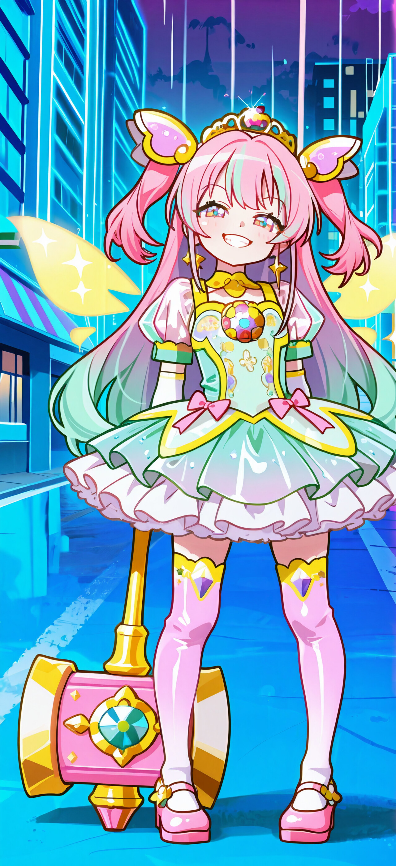 Full body illustration of an anime magical girl with pink hair and a huge hammer, posing confidently in a neon-lit city at night.