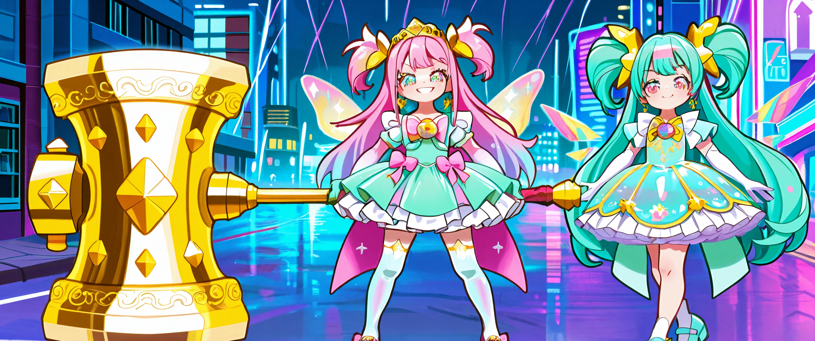 Full body illustration of an anime magical girl with pink hair and a huge hammer, posing confidently in a neon-lit city at night.