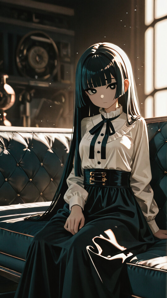 An anime girl with long black hair and a hime cut, wearing a white blouse and long black skirt, sits on a black leather sofa in a dark, elegant room, looking directly at the viewer.