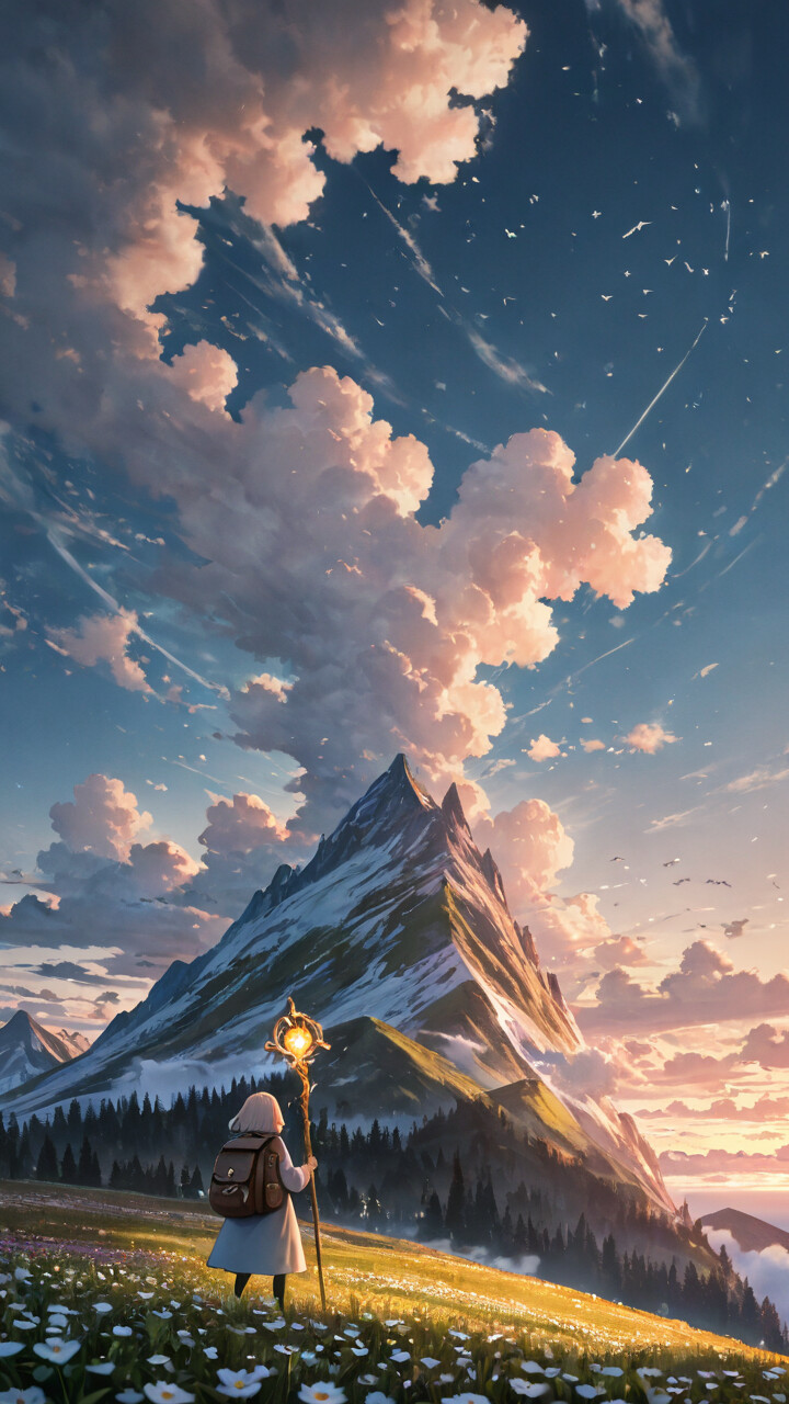 An anime-style illustration of a young female traveler with a backpack and a glowing staff, standing on a hill of purple flowers and looking out at a massive mountain range at sunrise.