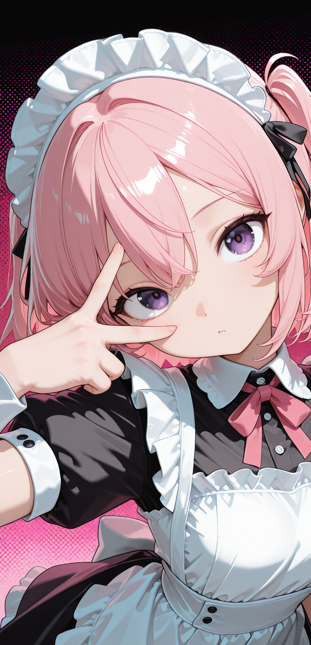 An anime-style illustration of a girl with short pink hair and purple eyes, dressed as a maid. She is making a V-sign over one eye and looking at the camera against a purple-dotted background.