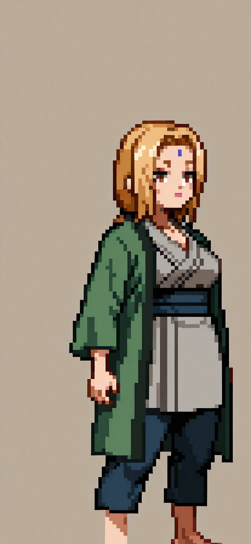 A full-body pixel art sprite of Tsunade from Naruto, standing against a plain beige background. She has blonde hair, a purple mark on her forehead, and is wearing a green sleeveless coat over a grey top and blue pants.