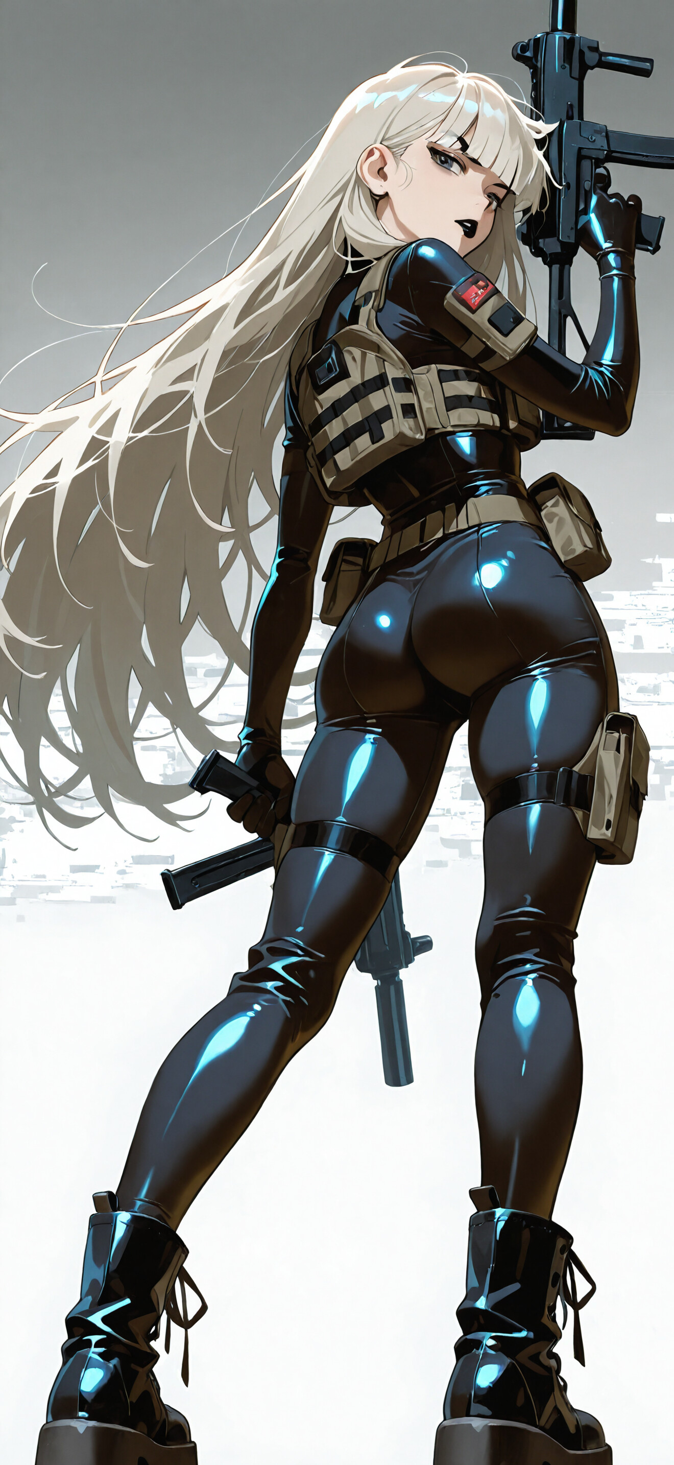 An anime-style woman with long platinum blonde hair in a tight black tactical suit and platform boots, posing with a submachine gun against a grey background.