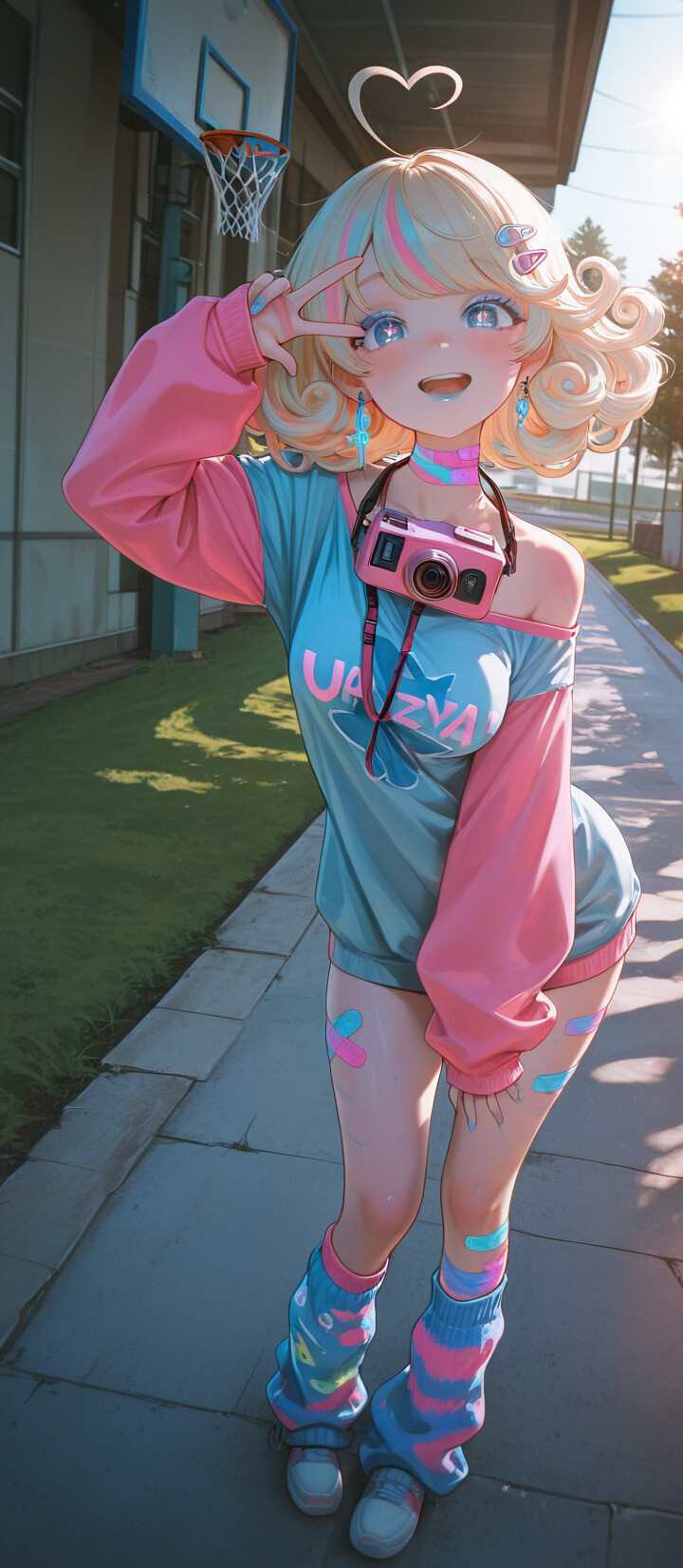 A full-body illustration of a kawaii anime girl with blonde and blue hair making a peace sign in front of a basketball court. She is wearing an oversized pink and white sweater, colorful bandages, and mismatched leg warmers on a sunny day.