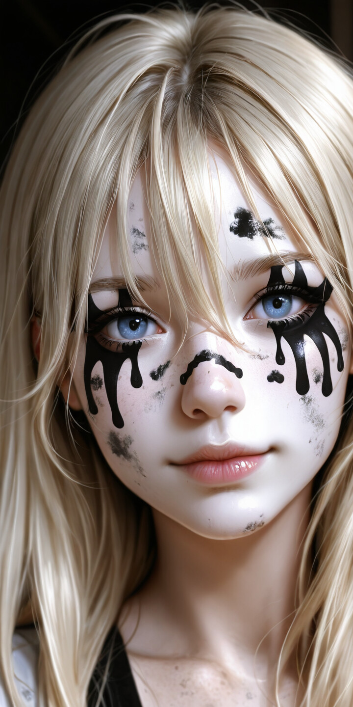 Close-up portrait of a young woman with long platinum blonde hair and striking blue eyes. She has pale skin with dirt smudges and thick, black paint dripping down from her eyes like tears.