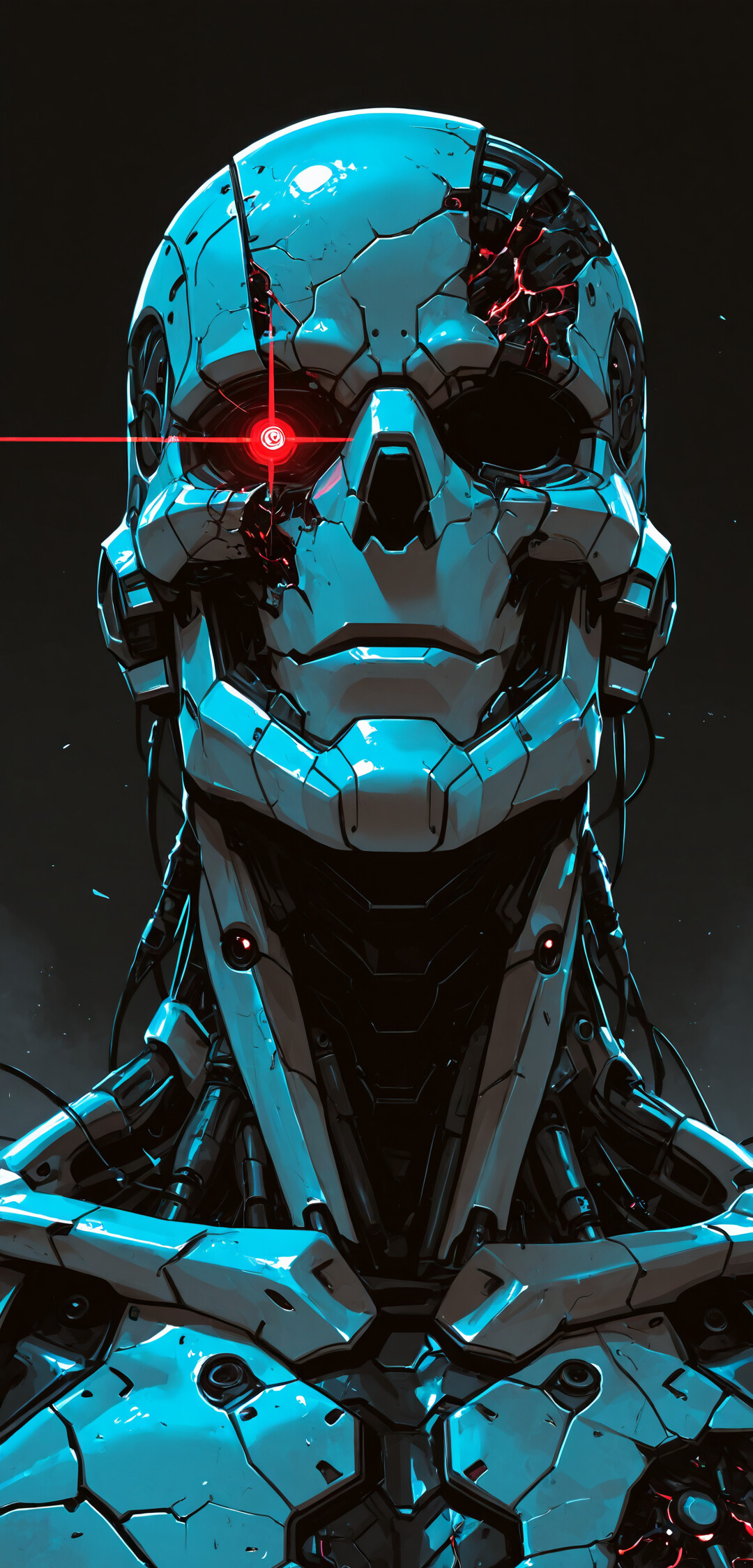 Front-facing portrait of a white robotic skeleton with glowing red eyes and a damaged skull revealing black inner workings, against a dark background.
