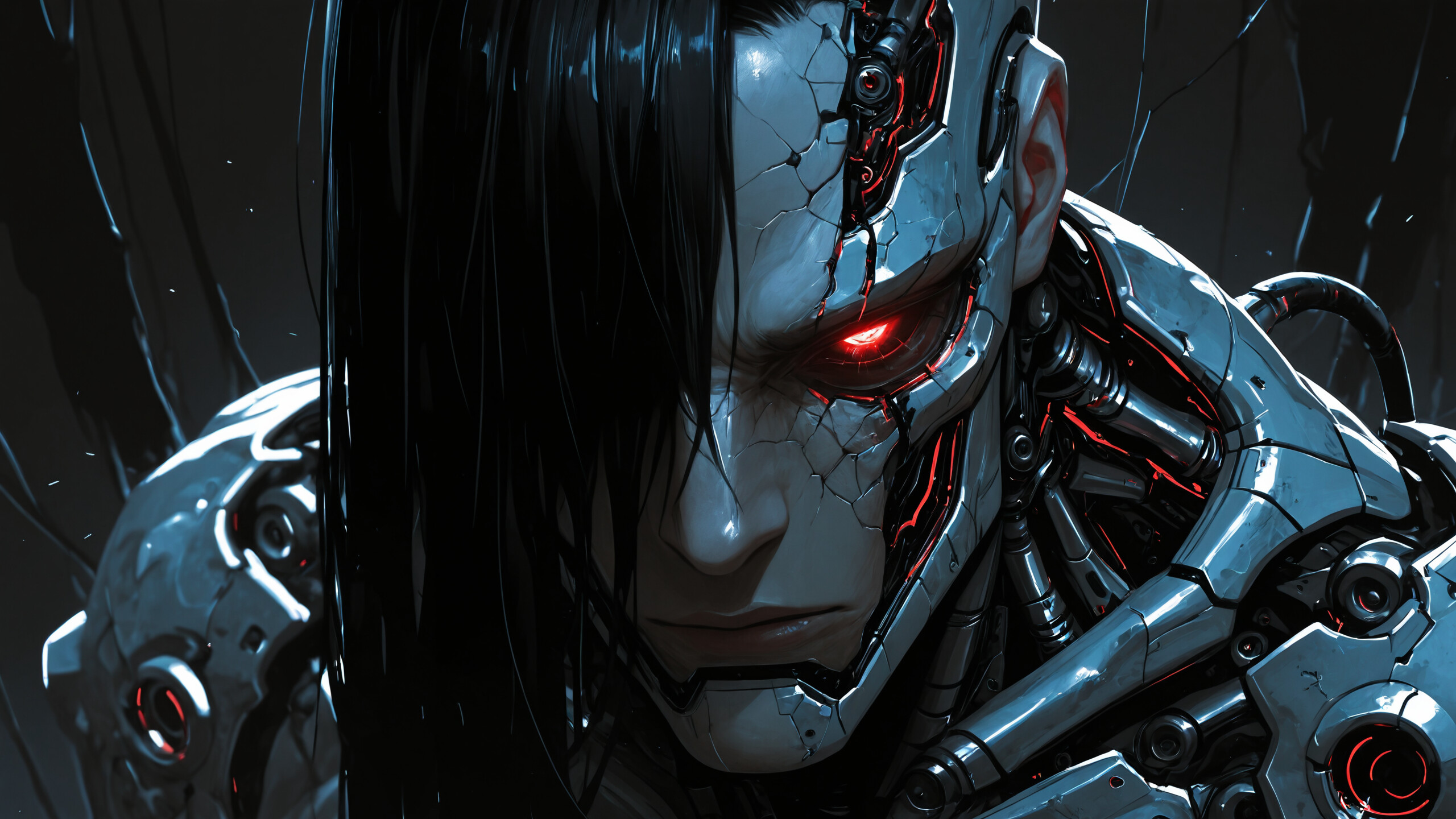 Front-facing portrait of a white robotic skeleton with glowing red eyes and a damaged skull revealing black inner workings, against a dark background.