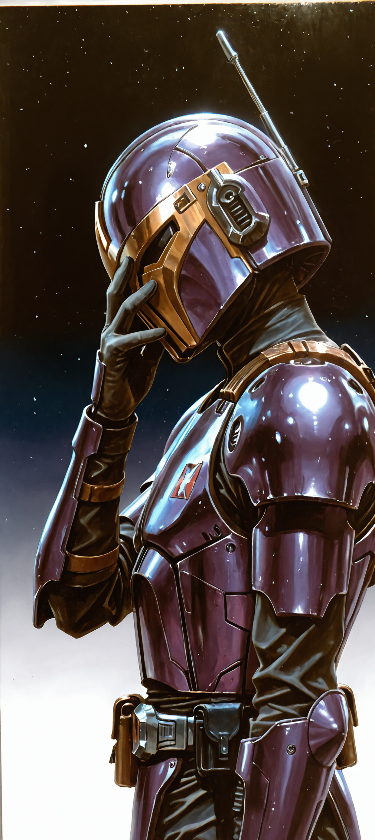 A side-profile illustration of a figure in shiny purple and gold Mandalorian armor. They are standing against a dark background, with one gloved hand held to their helmet in a pensive pose.