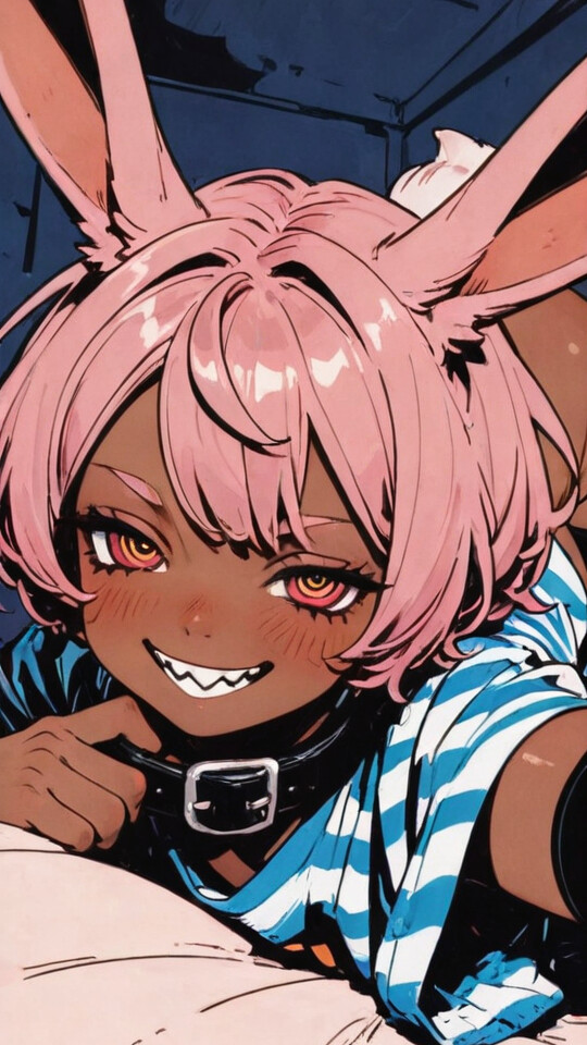 Illustration of a rabbit girl with pink hair, lying on a bed, wearing a striped shirt, playful expression, sharp teeth, whimsical and flirty vibe.