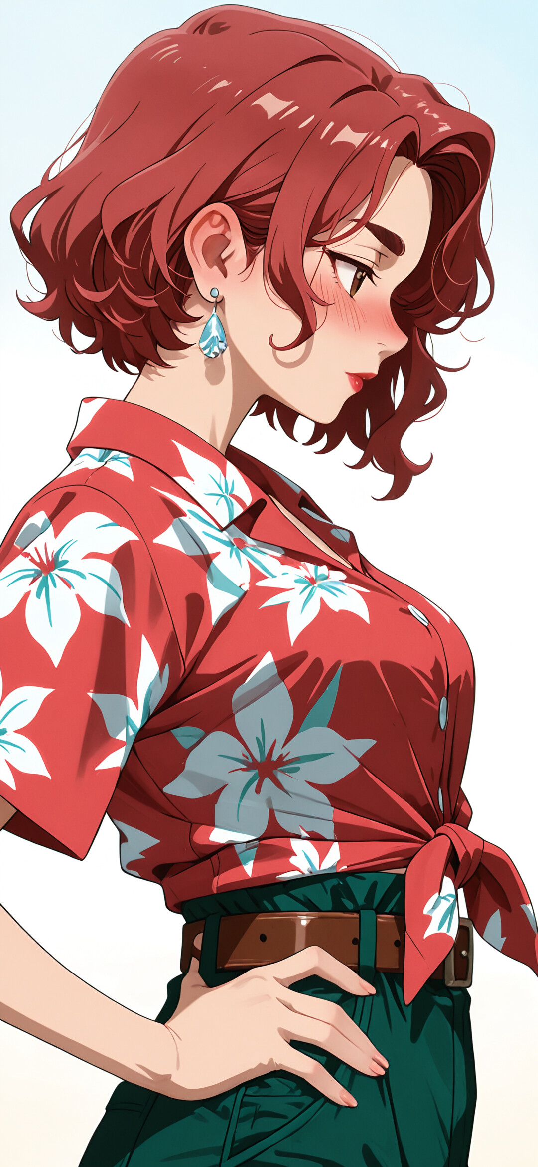 An anime-style woman with short, wavy red hair in a side profile view. She is wearing a red floral Hawaiian shirt tied at the waist, green pants, and has her hand on her hip against a light blue background.