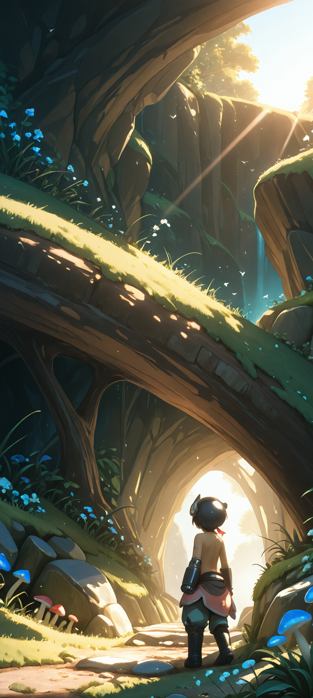 An illustration of the character Reg from Made in Abyss, viewed from behind. He is standing on a stone path at the mouth of a large cave, looking out into a bright, sunlit world with birds flying in the sky.