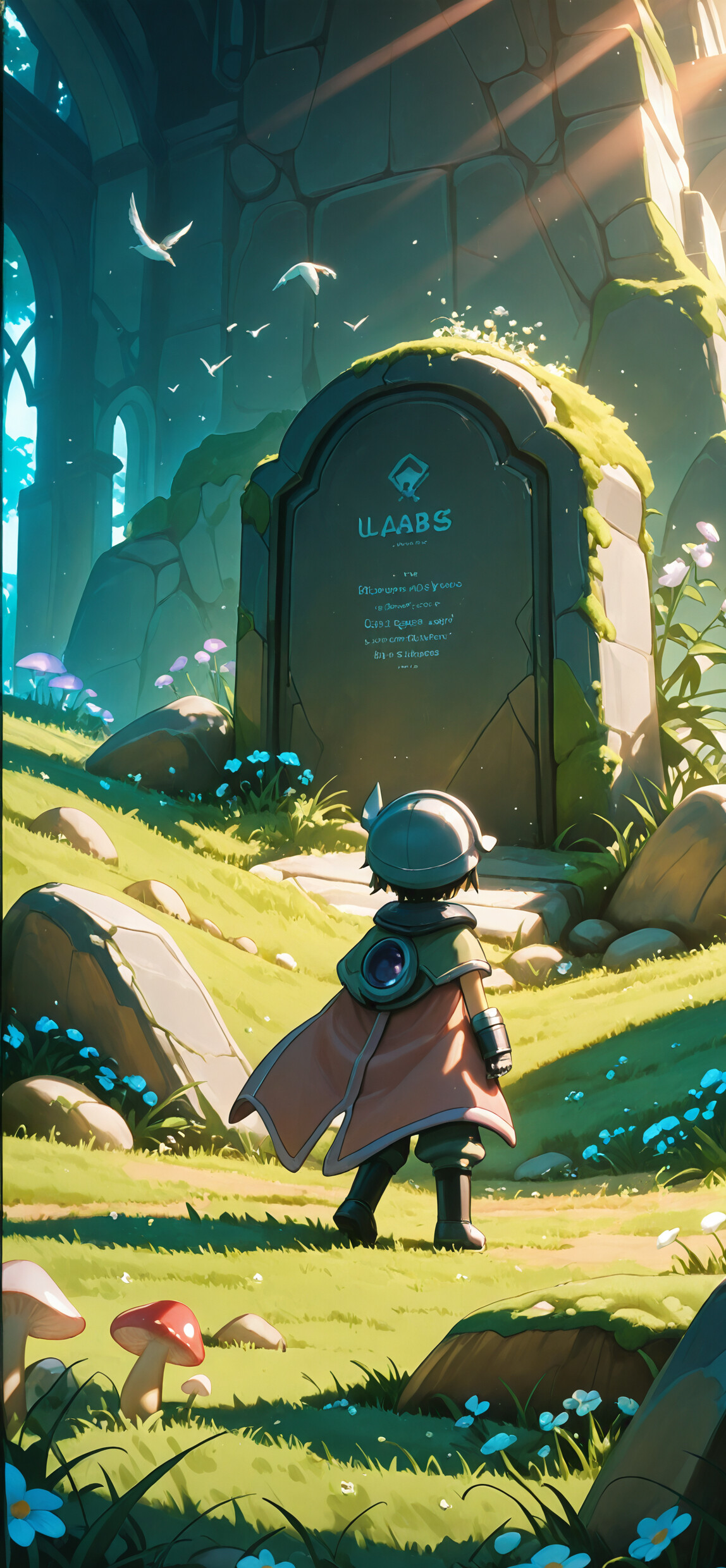 An anime-style illustration of the character Reg from Made in Abyss, viewed from the back, standing on a stone path in a lush, green forest filled with ancient ruins and tombstones. Sunlight streams through the trees, illuminating the scene.