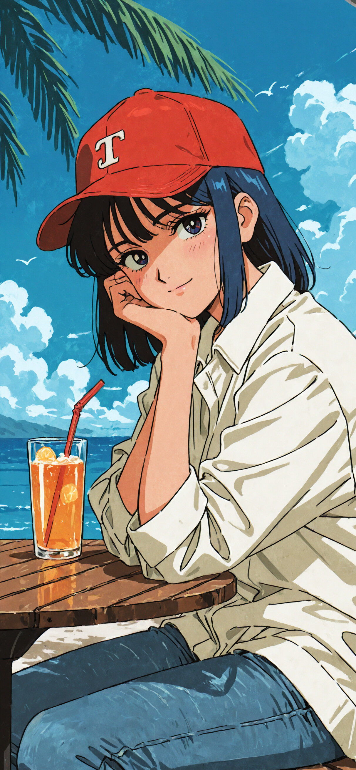 An anime-style illustration of a girl with dark hair wearing a red baseball cap and white jacket, sitting at a table outdoors. She is smiling at the viewer with her chin resting on her hand, next to a glass of iced tea, with palm trees and the ocean in the background.