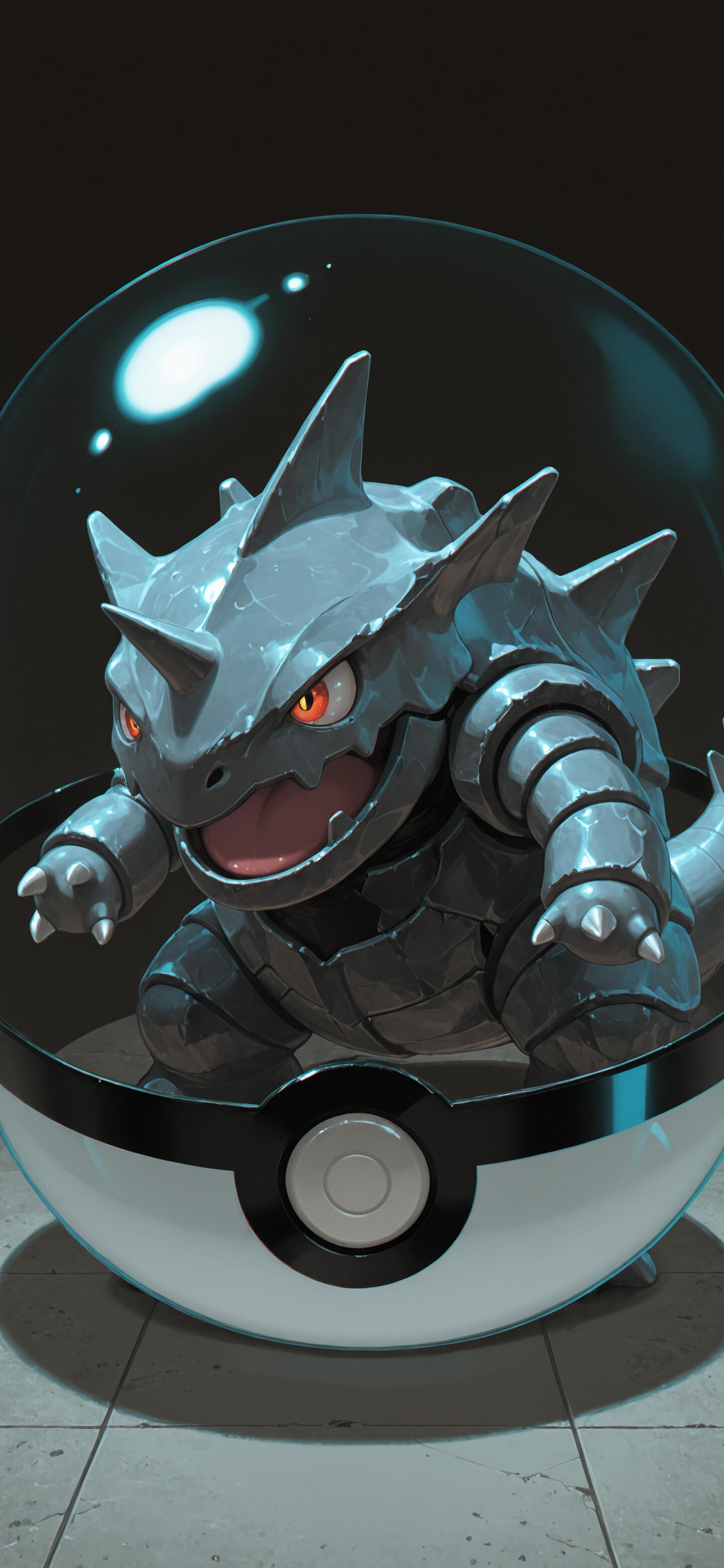 A digital render of the Pokémon Rhyhorn, a gray, rhinoceros-like creature, enclosed within a transparent Poké Ball that is glowing with a bright cyan light. The background is dark, and the Poké Ball is reflected on the surface it rests on.