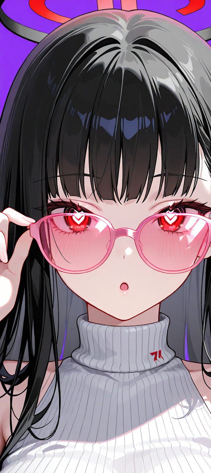 An anime girl with long black hair, identified as Rio Tsukatsuki from Blue Archive, wearing a white sleeveless turtleneck and adjusting pink heart-shaped glasses. She has red eyes with heart-shaped pupils and a surprised expression against a purple background.