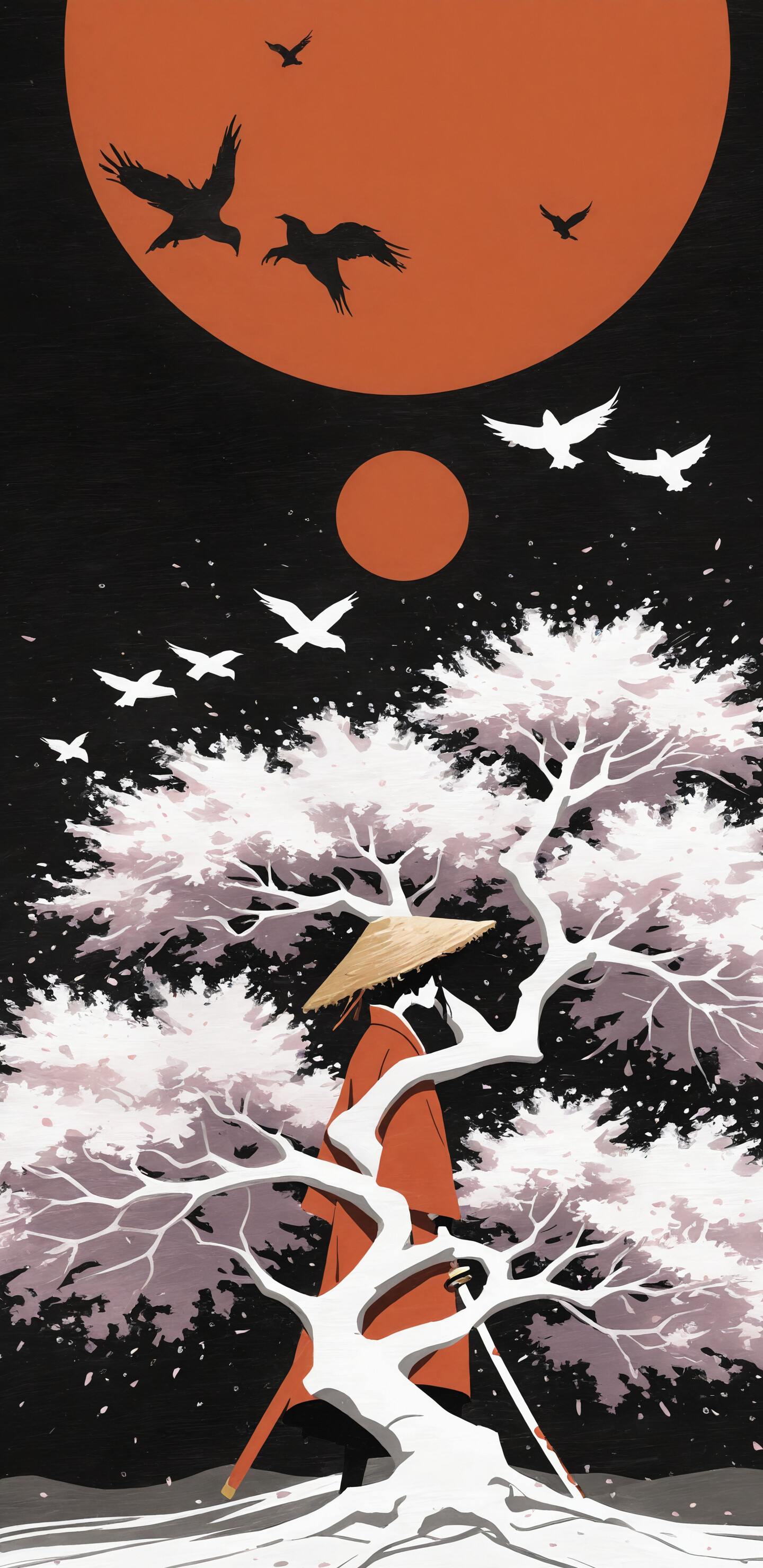 A minimalist illustration of a samurai in a red kimono and straw hat standing in a snowy landscape with cherry blossom trees, under a dark sky with a large red sun and flying birds.