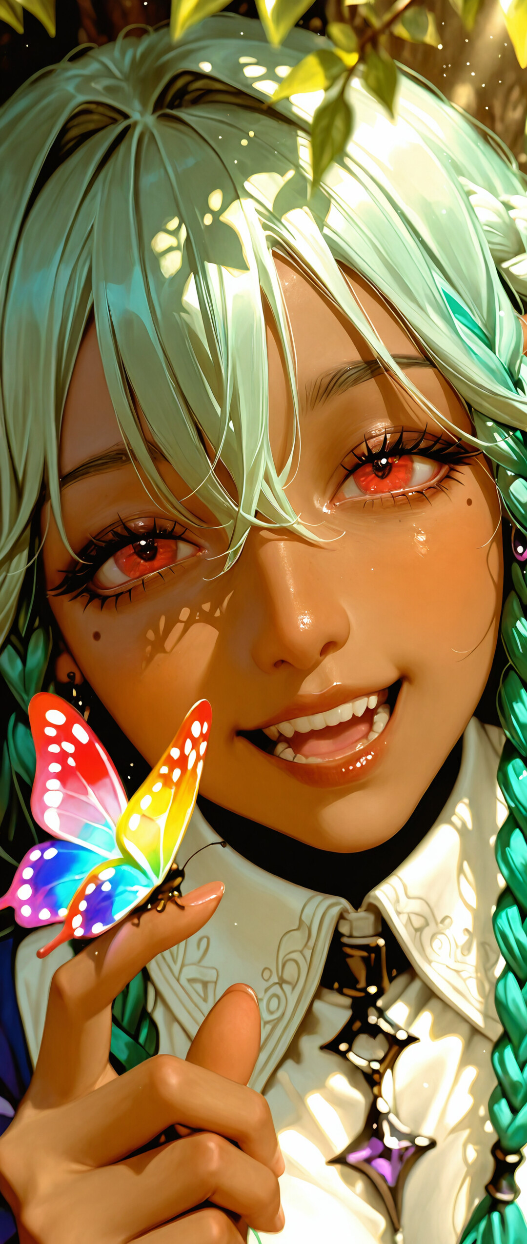 A close-up illustration of Rosalinde from Unicorn Overlord, a dark elf with green braided hair and red eyes. She is smiling happily as a colorful butterfly rests on her face in a sunlit forest.