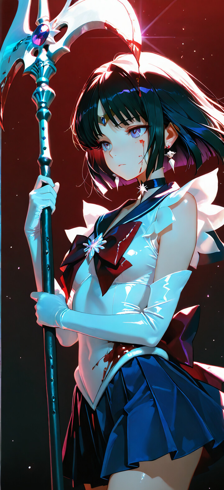 An anime-style illustration of Sailor Saturn from Sailor Moon, holding her large Silence Glaive. She has short black hair, purple eyes, and is splattered with blood, standing against a dark red background with a large red crescent moon.