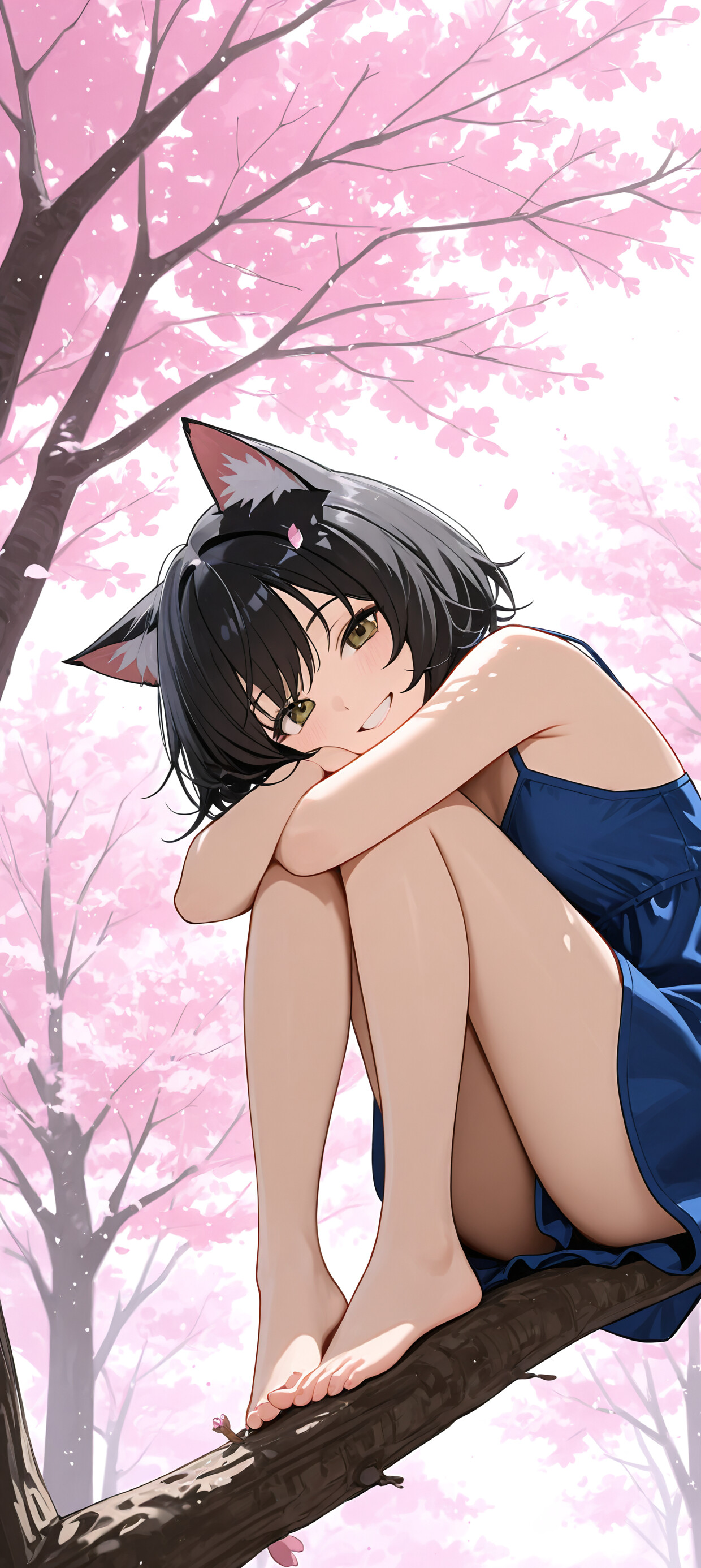 An anime cat girl with black hair and a blue dress sitting on a cherry blossom tree branch, smiling warmly. A small black and white cat is lying next to her.
