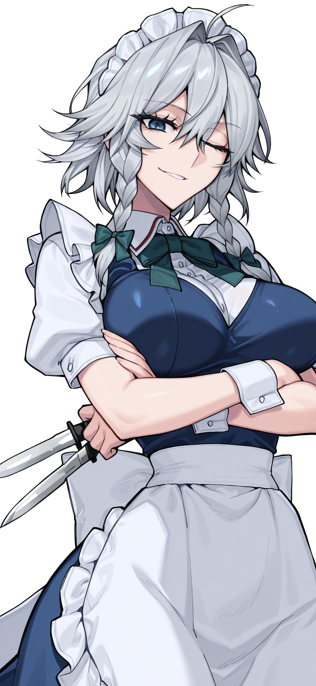 Sakuya Izayoi from Touhou Project, a maid with silver braided hair, winking and smirking with her arms crossed while holding a knife against a dark background.