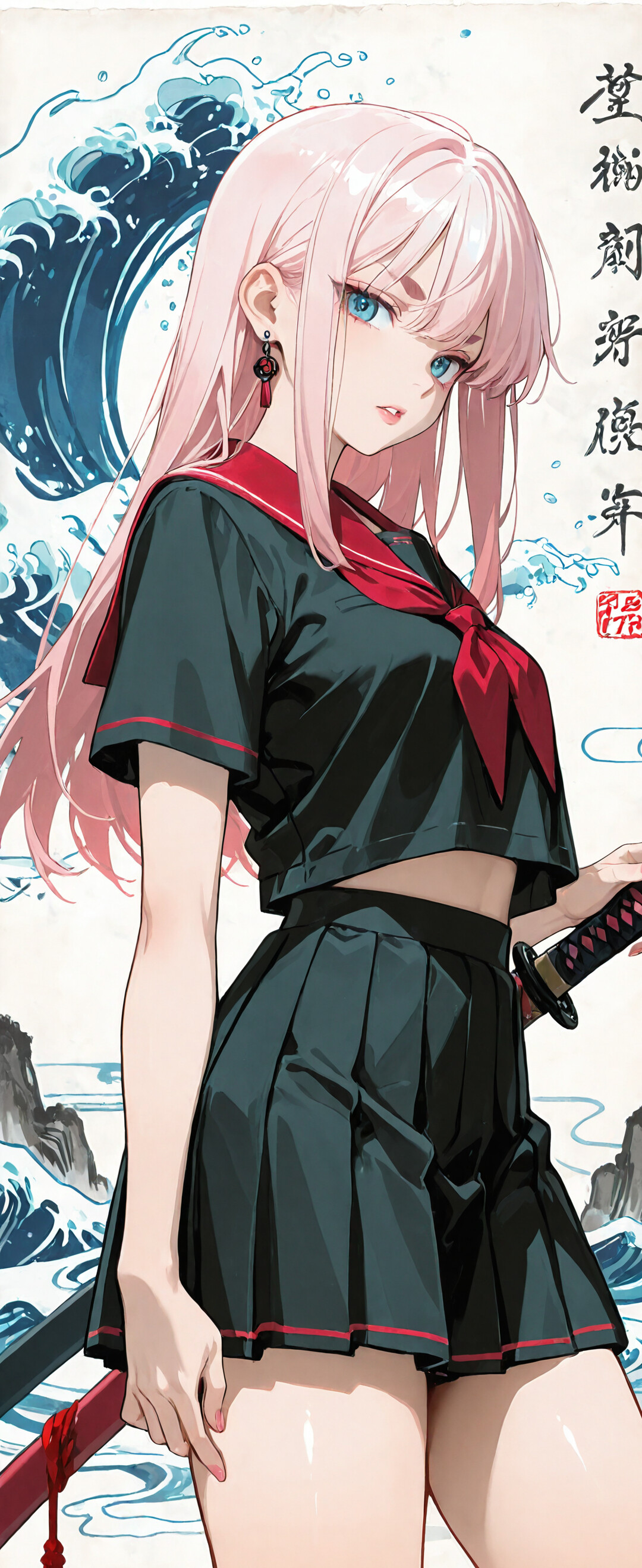 An anime-style illustration of a girl with long pink hair and blue eyes, wearing a black school uniform and holding a katana sword in a snowy, traditional Japanese village.